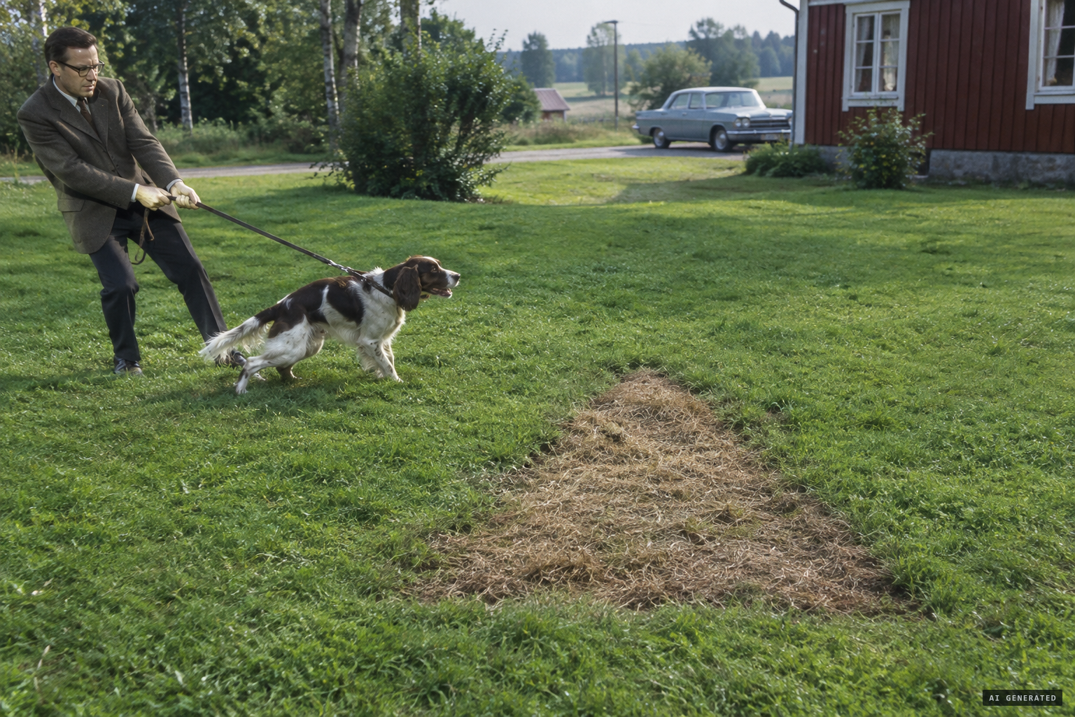 The withered, sharp-smelling grass; the dog pulls away