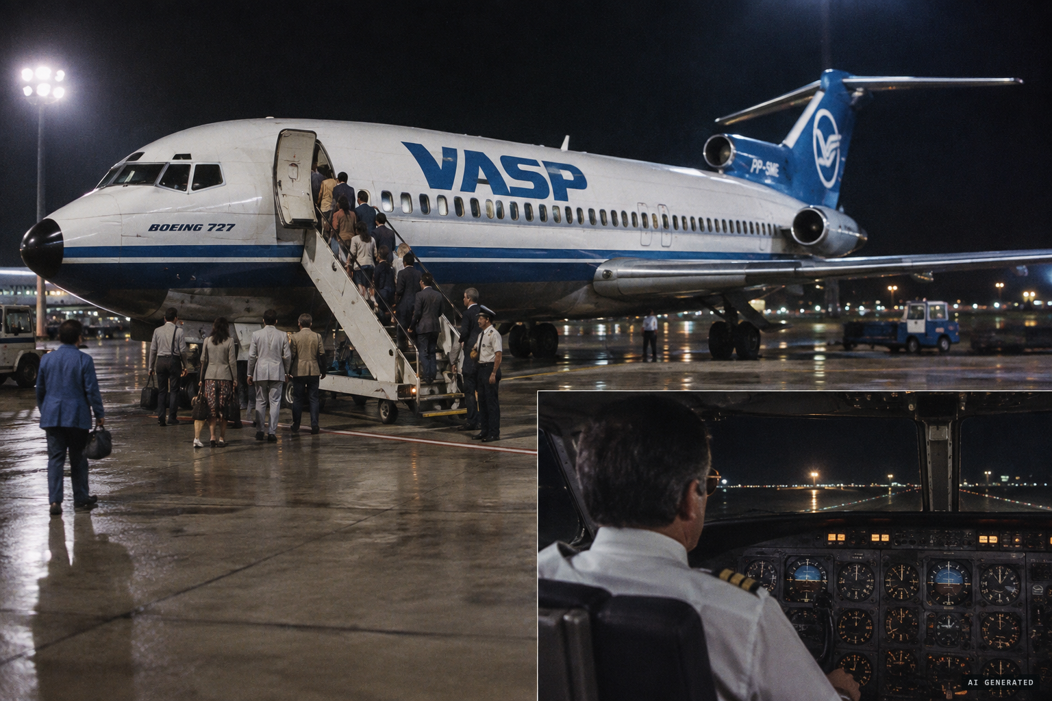 VASP Flight 169, Boeing 727 PP-SNG, prepares to leave Fortaleza at night