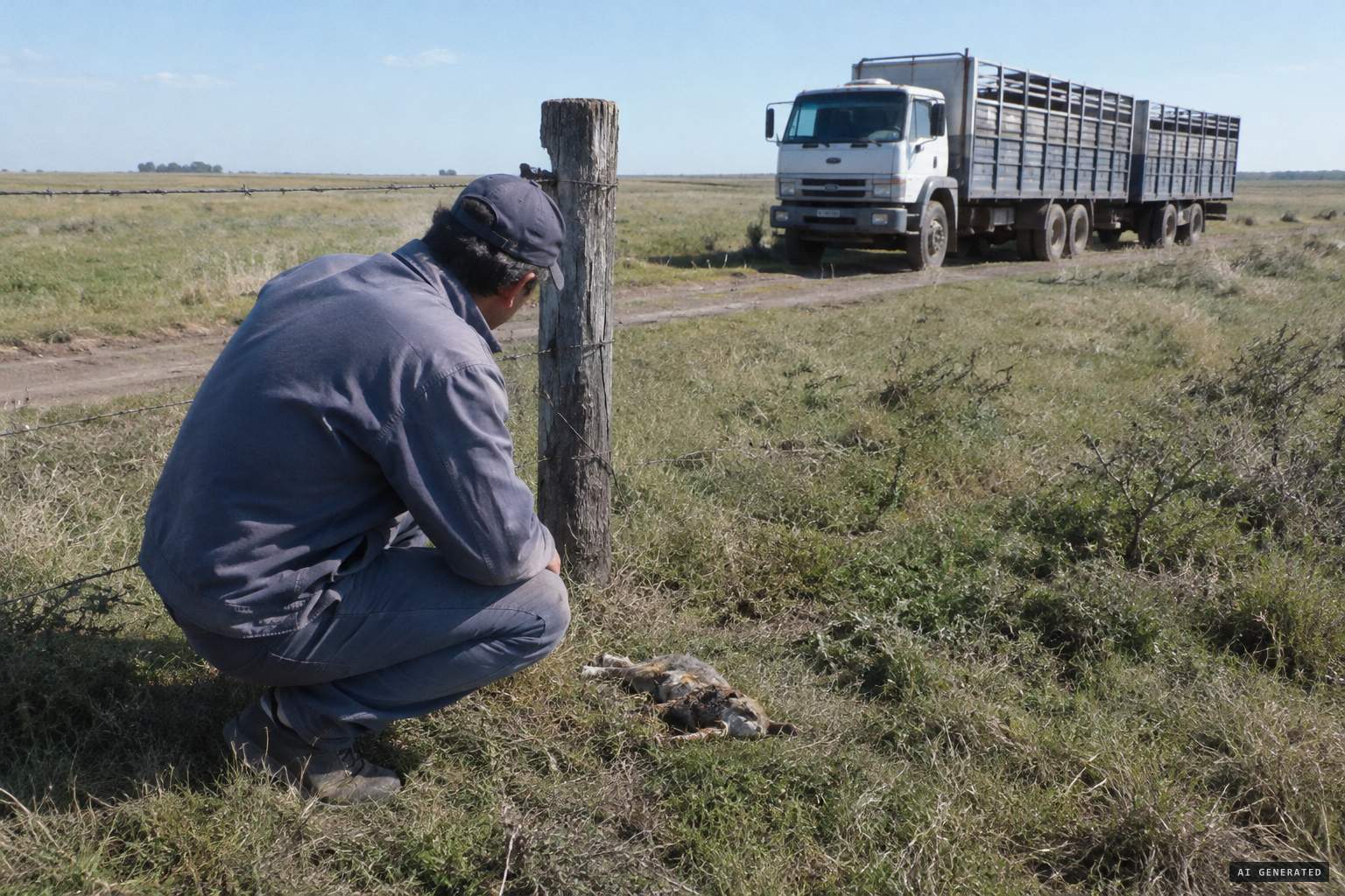 Ezequiel Fernández finds a small dead animal beside a post in a field near Vera