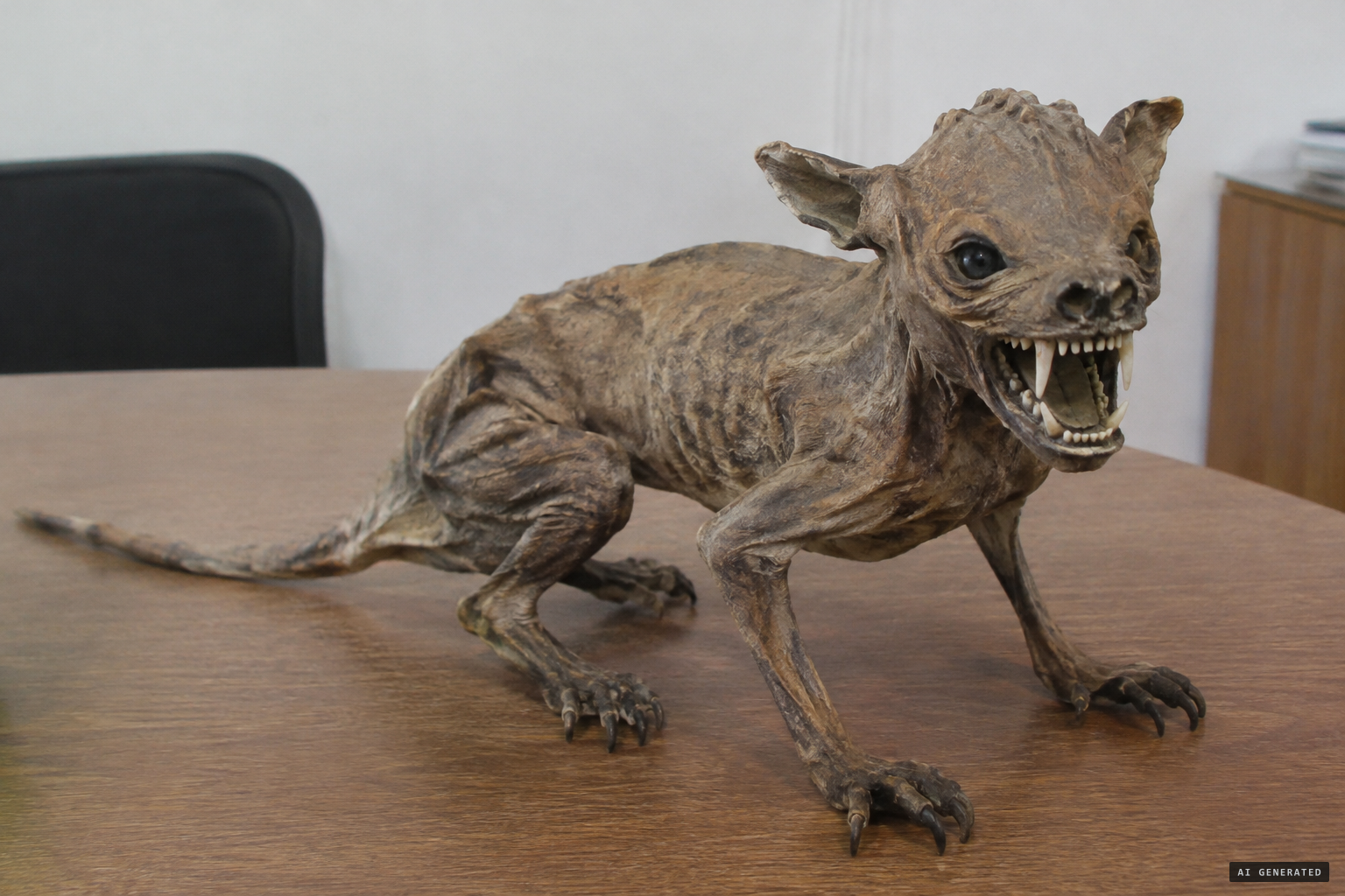The oval head, leaf-shaped ears, fangs, five-digit claws and tail