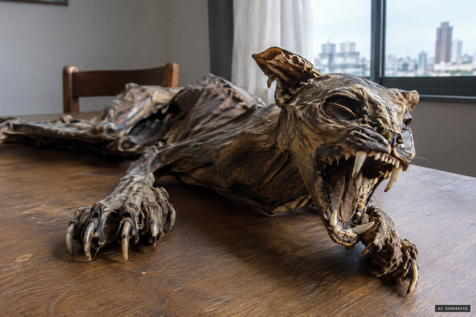The open jaws, bared fangs and claws were preserved as the body dried