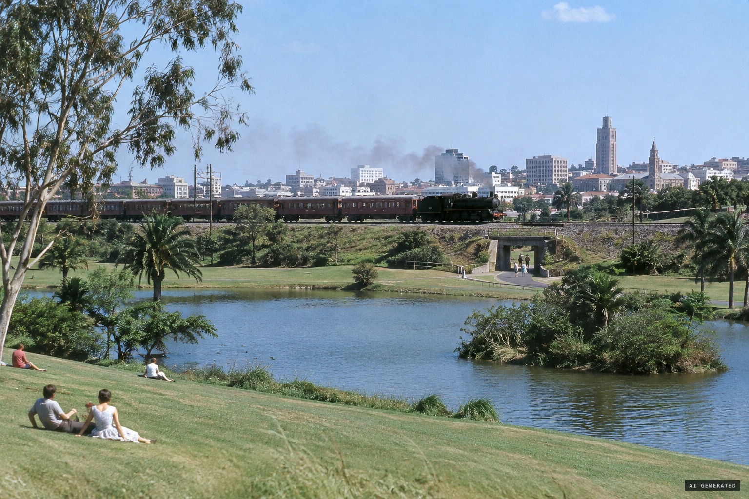 Victoria Park, the railway line and the underpass by the lake