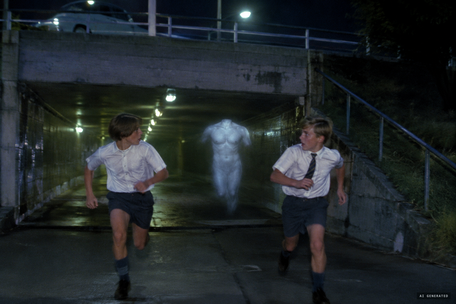 A bluish-white torso emerges from the wall and chases two schoolboys