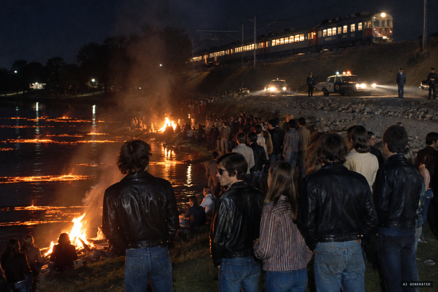 After 10 pm youths stone trains and police and set the lake alight