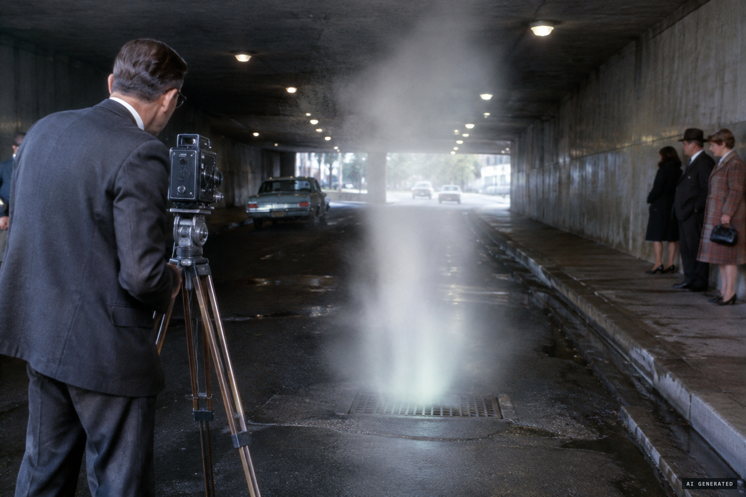 The newspaper photograph: vapour rising from a drain in the tunnel floor