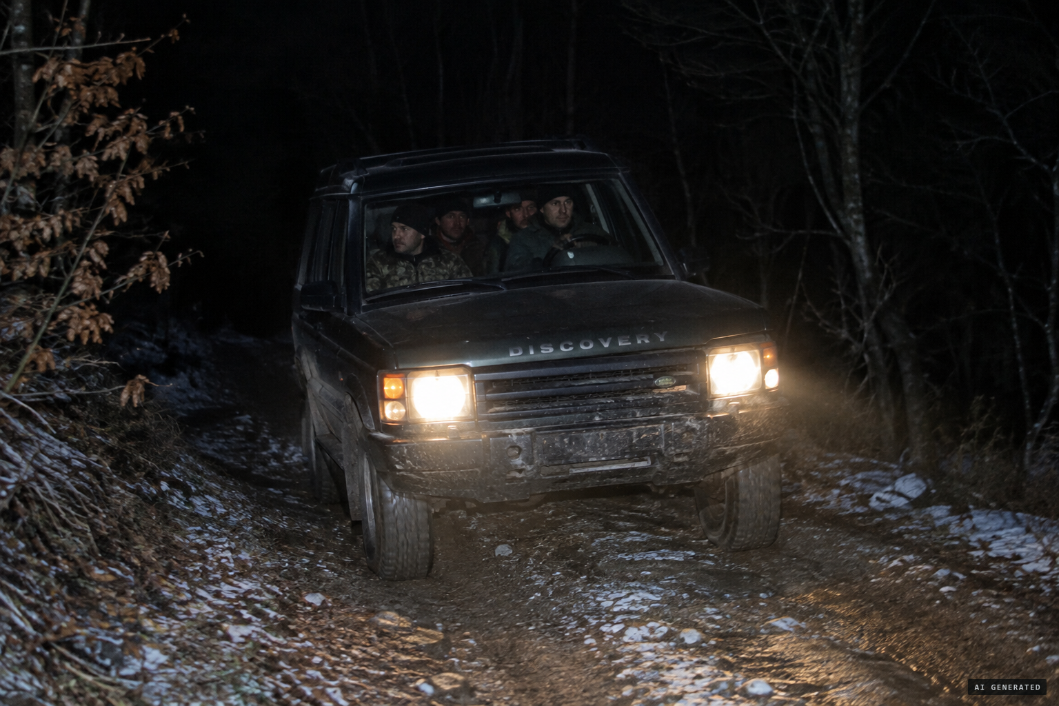 The four hunters on the forest road toward Vidhas, around 20:30