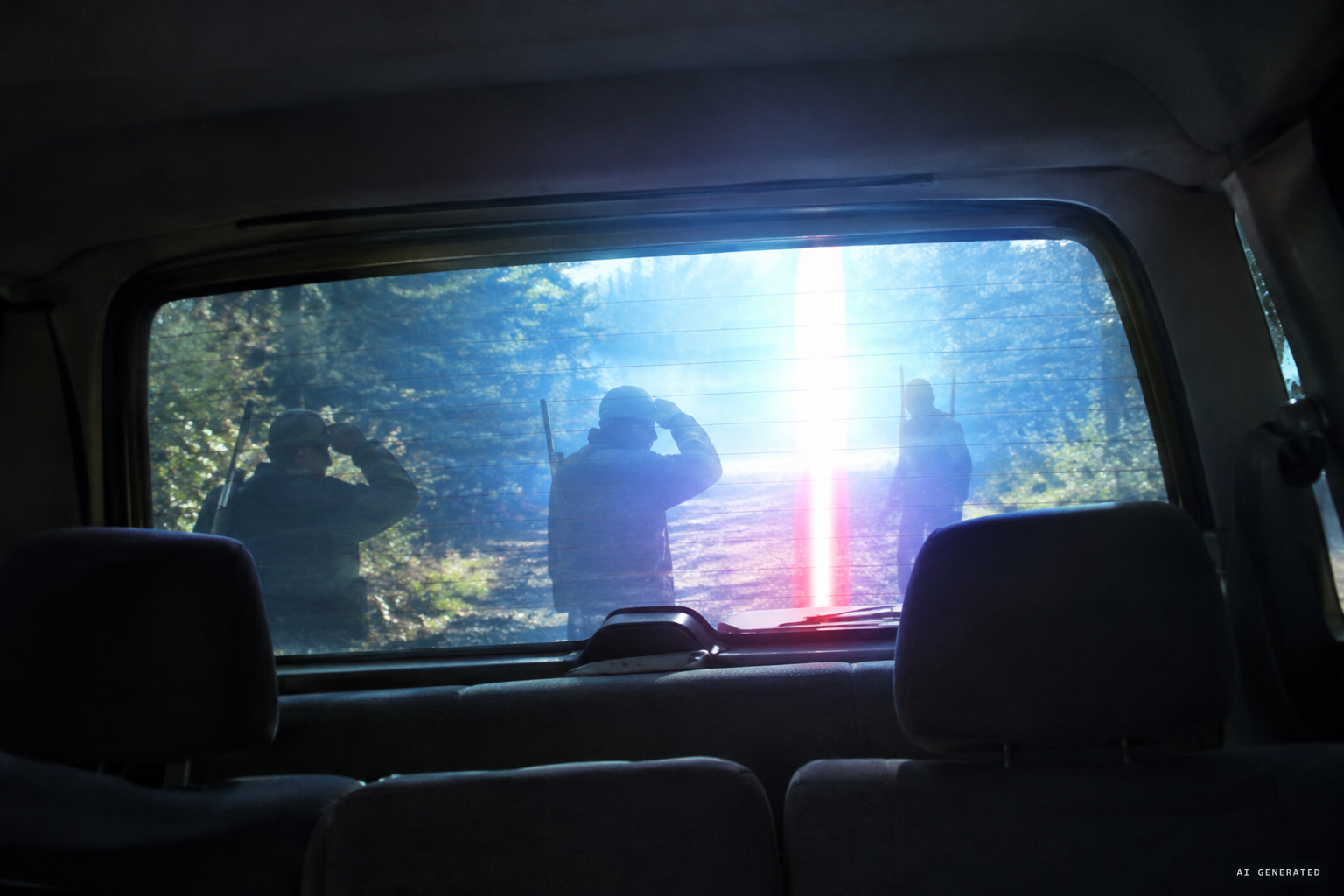 A strong light-blue light and a vertical red light blind the hunters