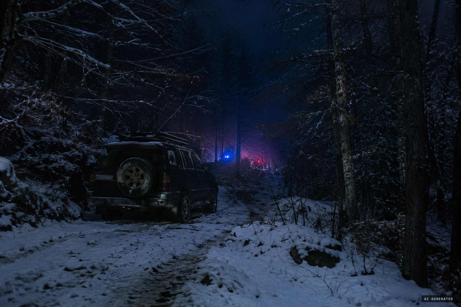 Four men, a dead engine, two colours of light in a dark forest