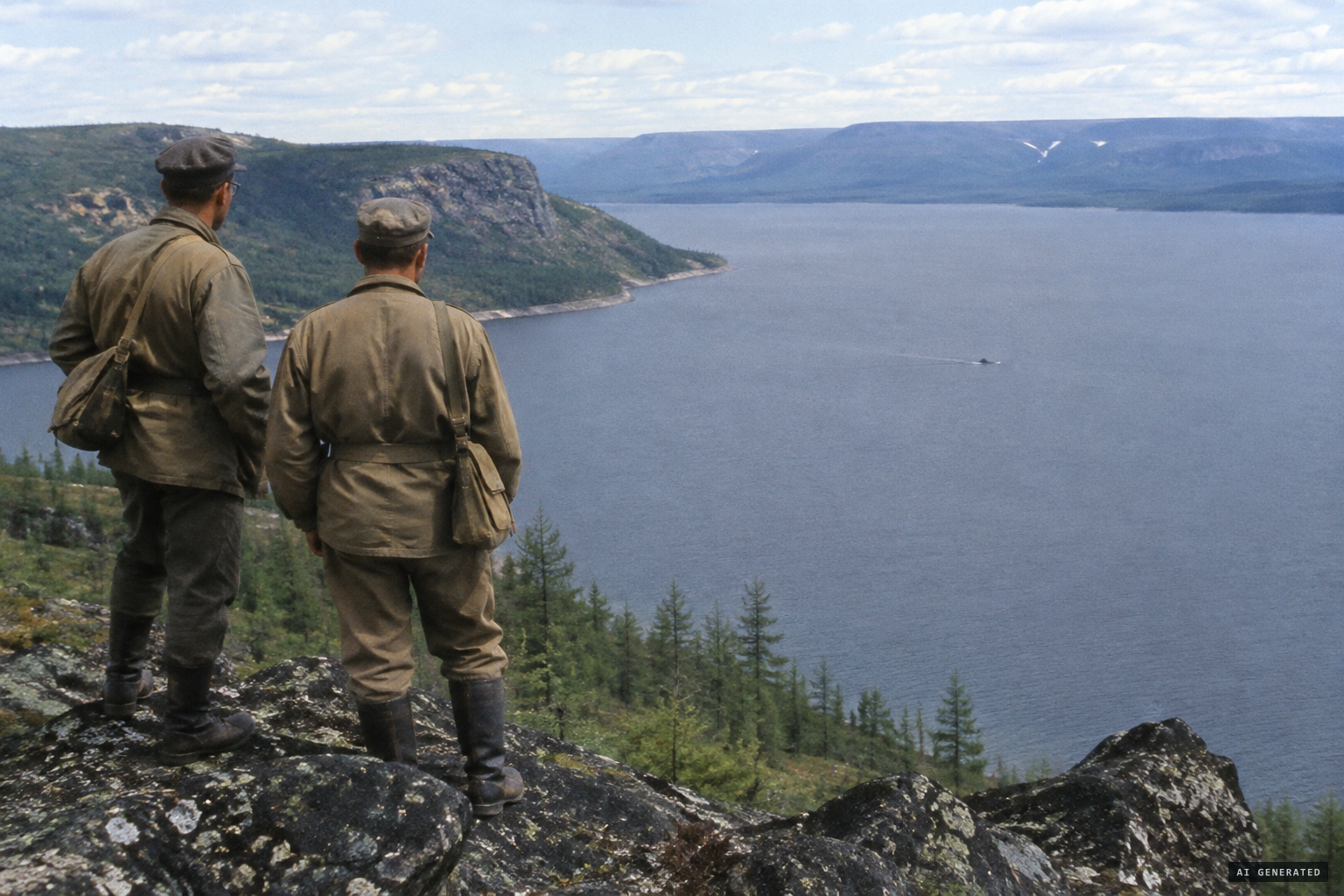 Tverdokhlebov and Bashkatov watch as something appears on the water