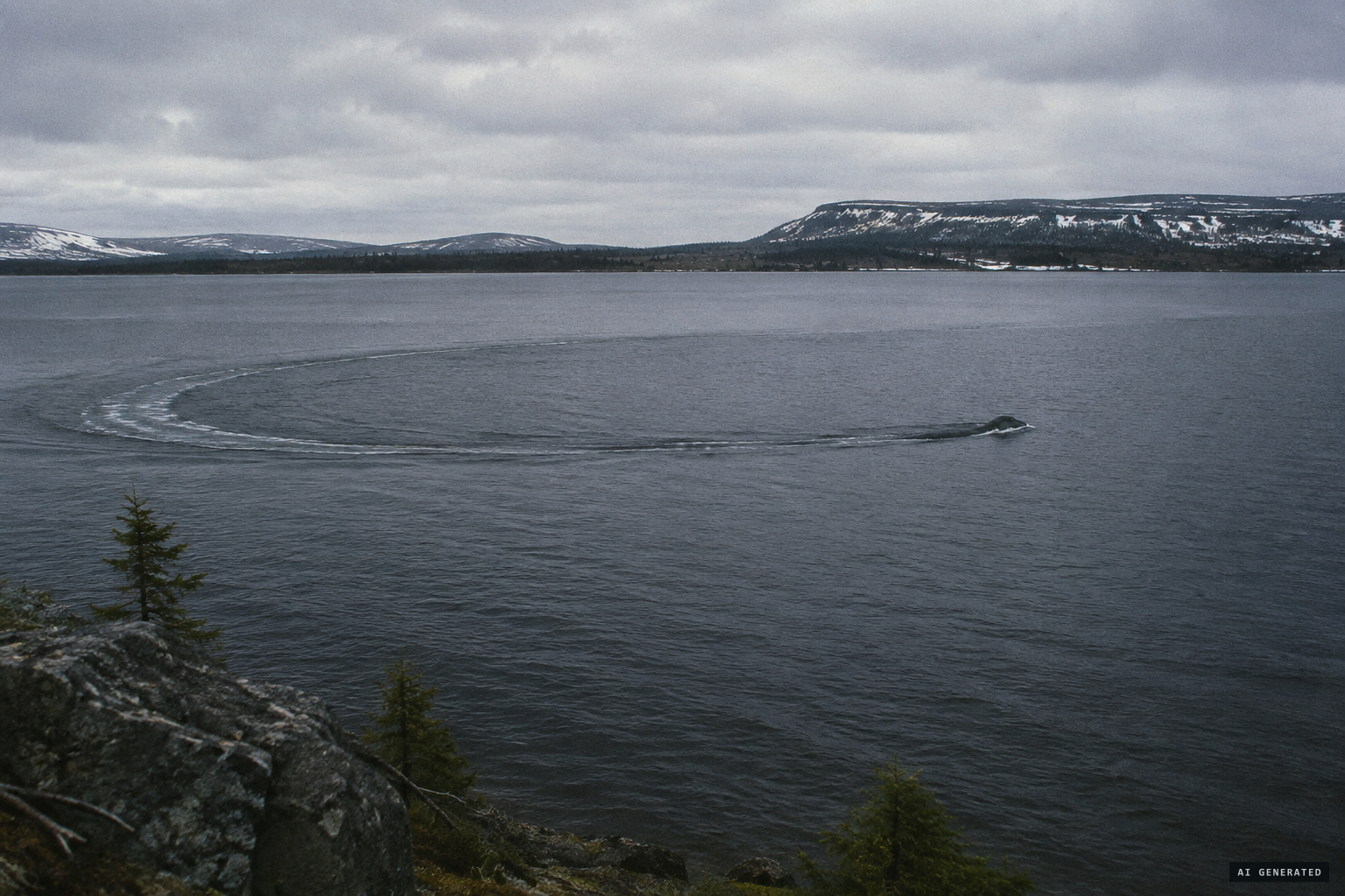 It moves in an arc along the lake