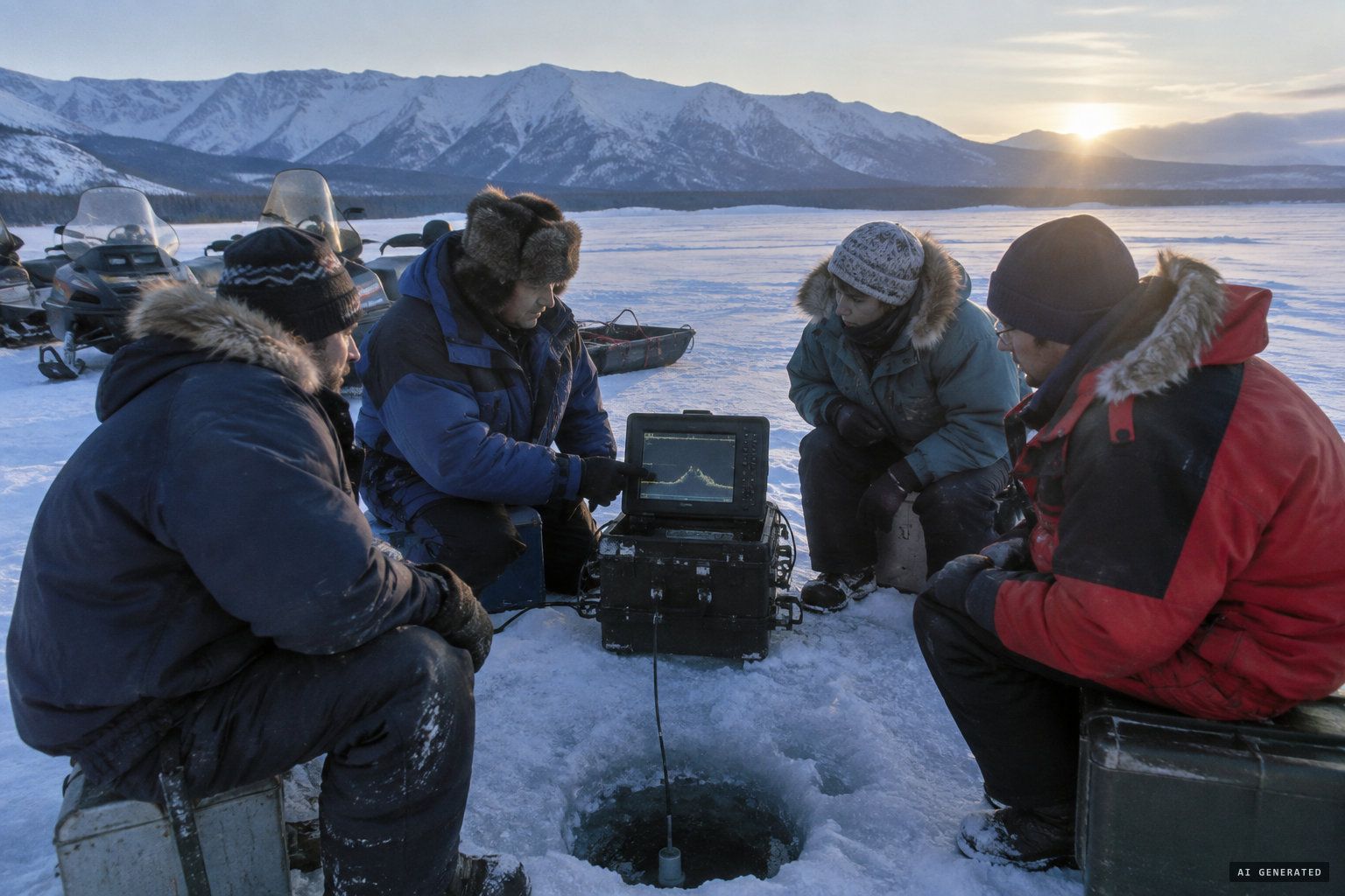 The first winter expedition sounds the lake