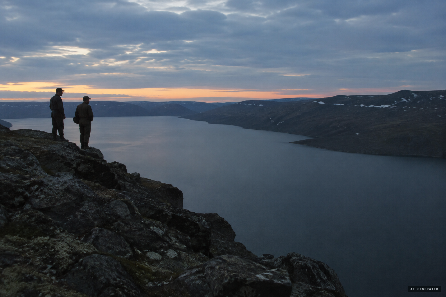 Two men on a plateau above a dark lake