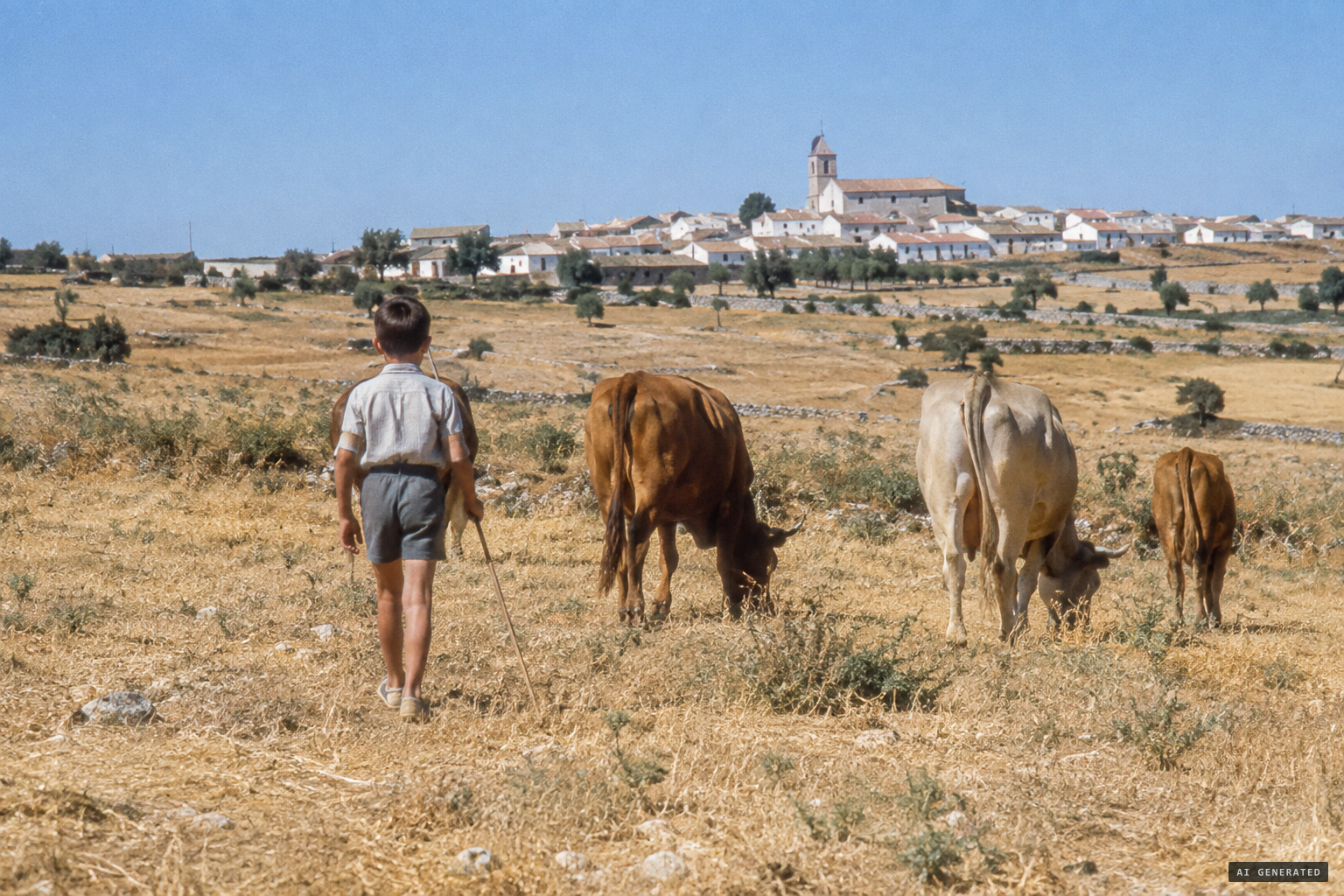 Young cowherd Máximo Muñoz grazing cattle near Villares del Saz, July 1953