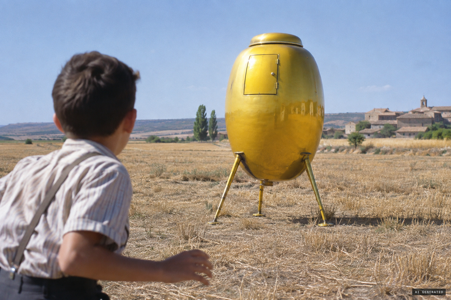 A whistling, tinaja-shaped craft on four legs lands behind the boy
