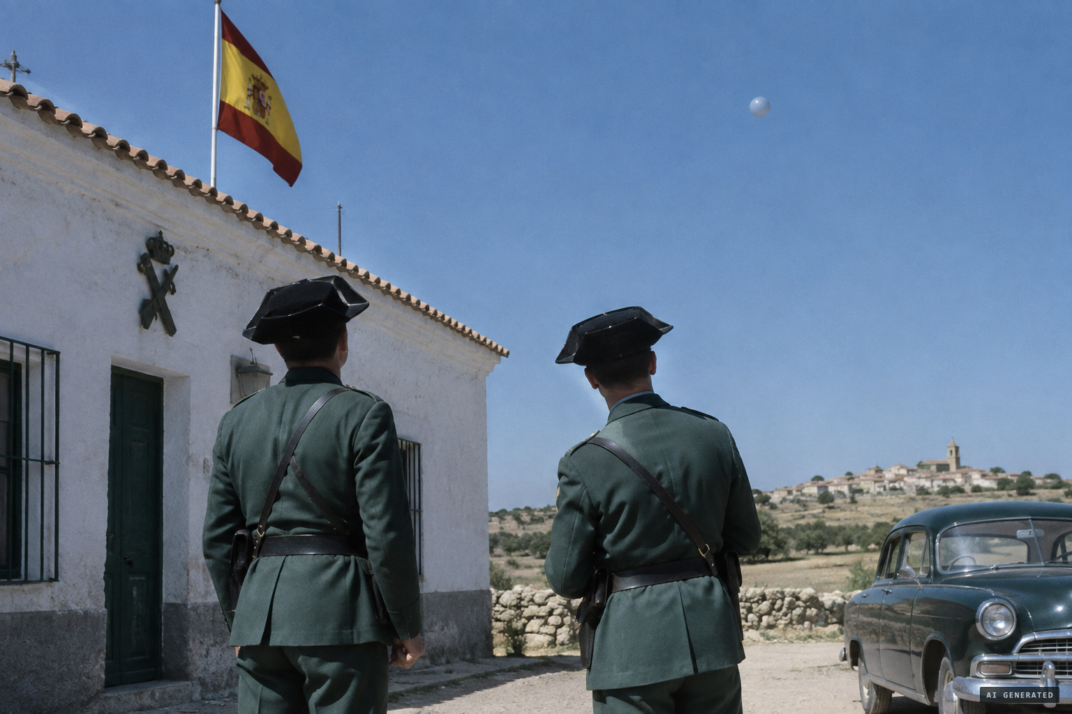 Honrubia Guardia Civil officers watch a greyish-white sphere over the area