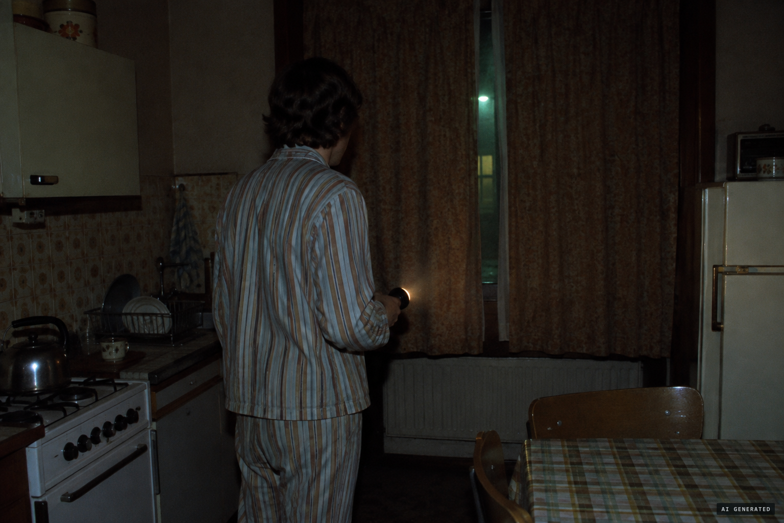 Torch in hand, the witness sees a greenish light through the curtain gap