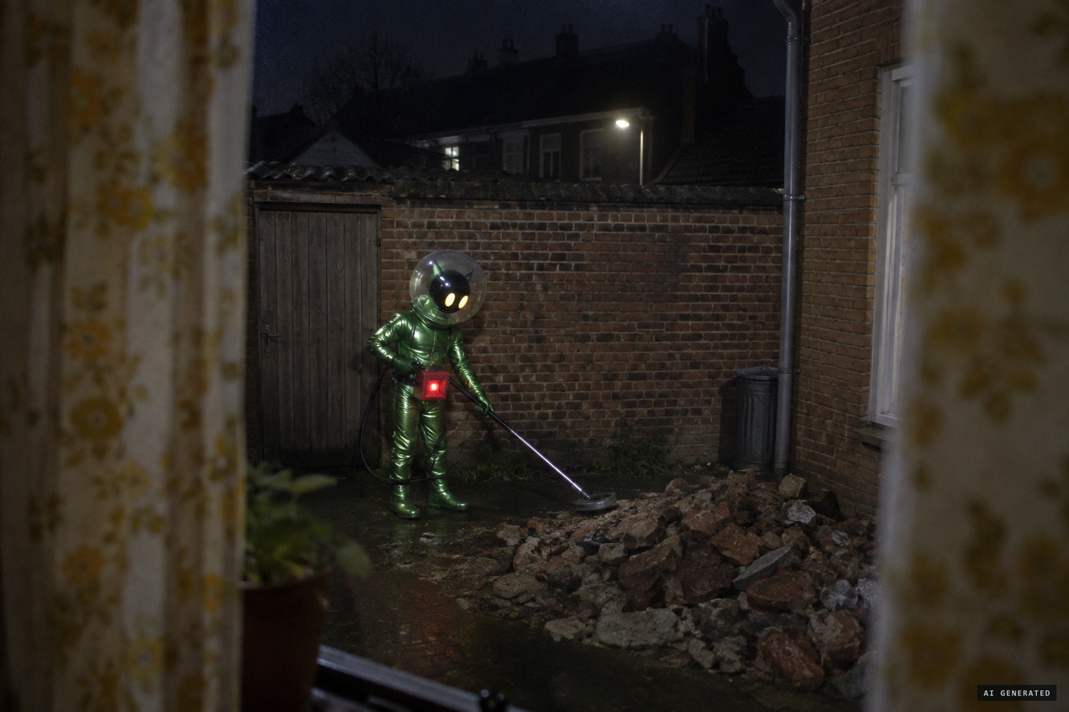 The small glowing being sweeps a vacuum-cleaner-like device over broken bricks