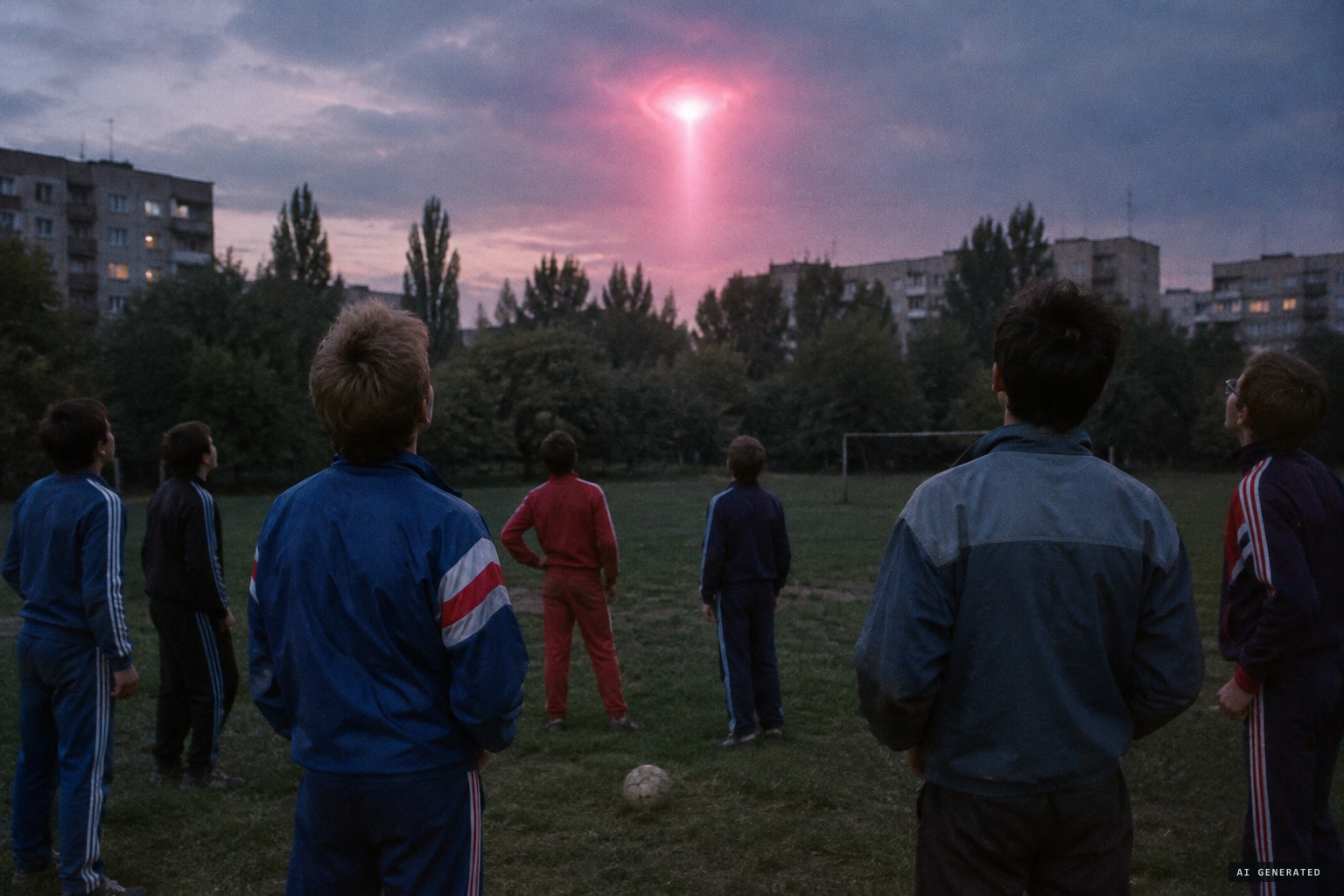 Boys playing football in Yuzhny Park see a pink light coming down