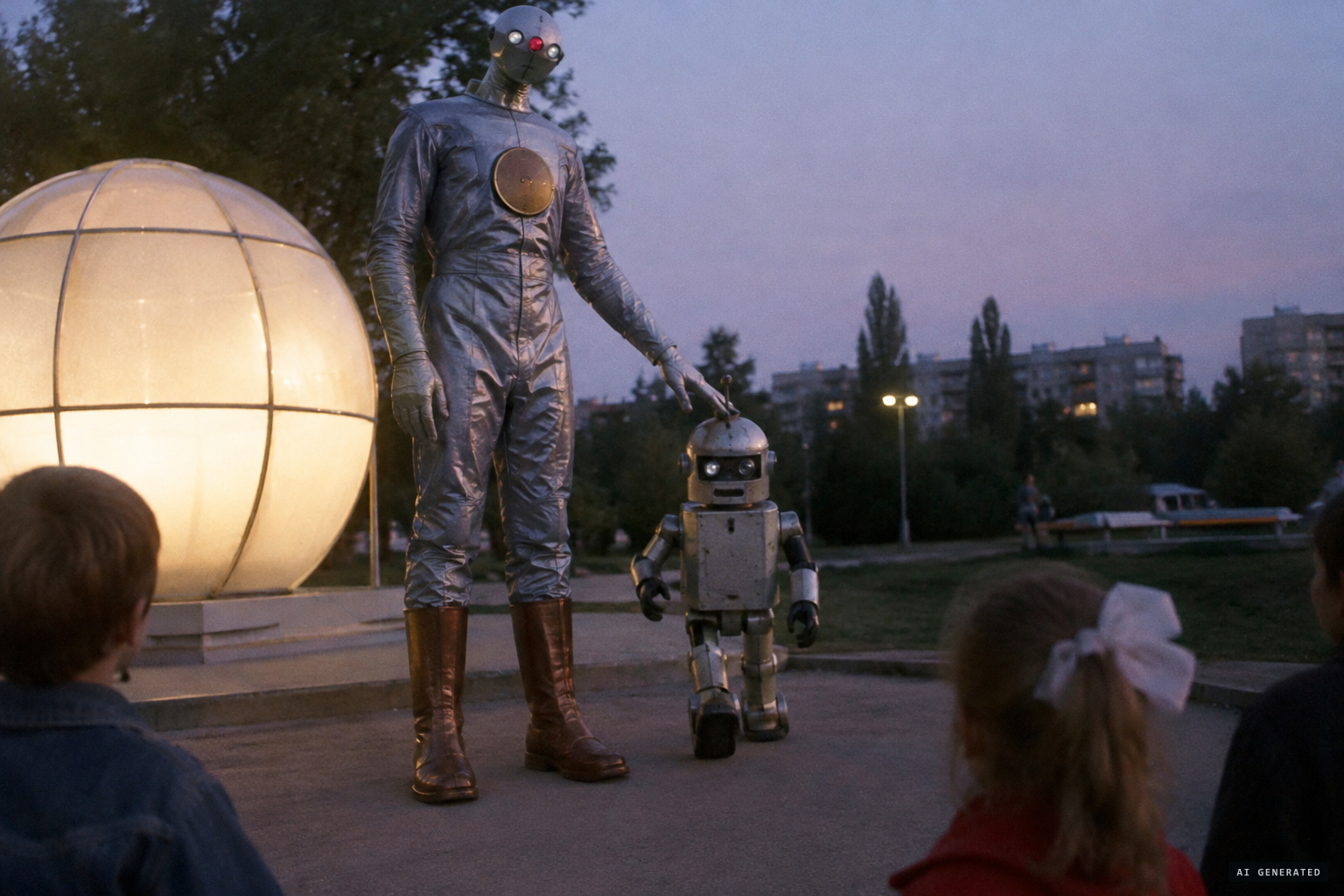 The three-eyed giant in silvery overalls and its small robot