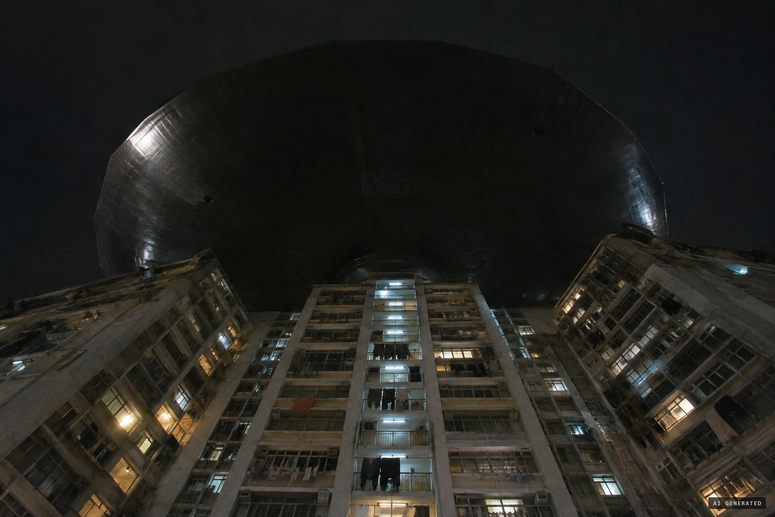 A giant black disc, like an iron discus or wok lid, as wide as a housing block
