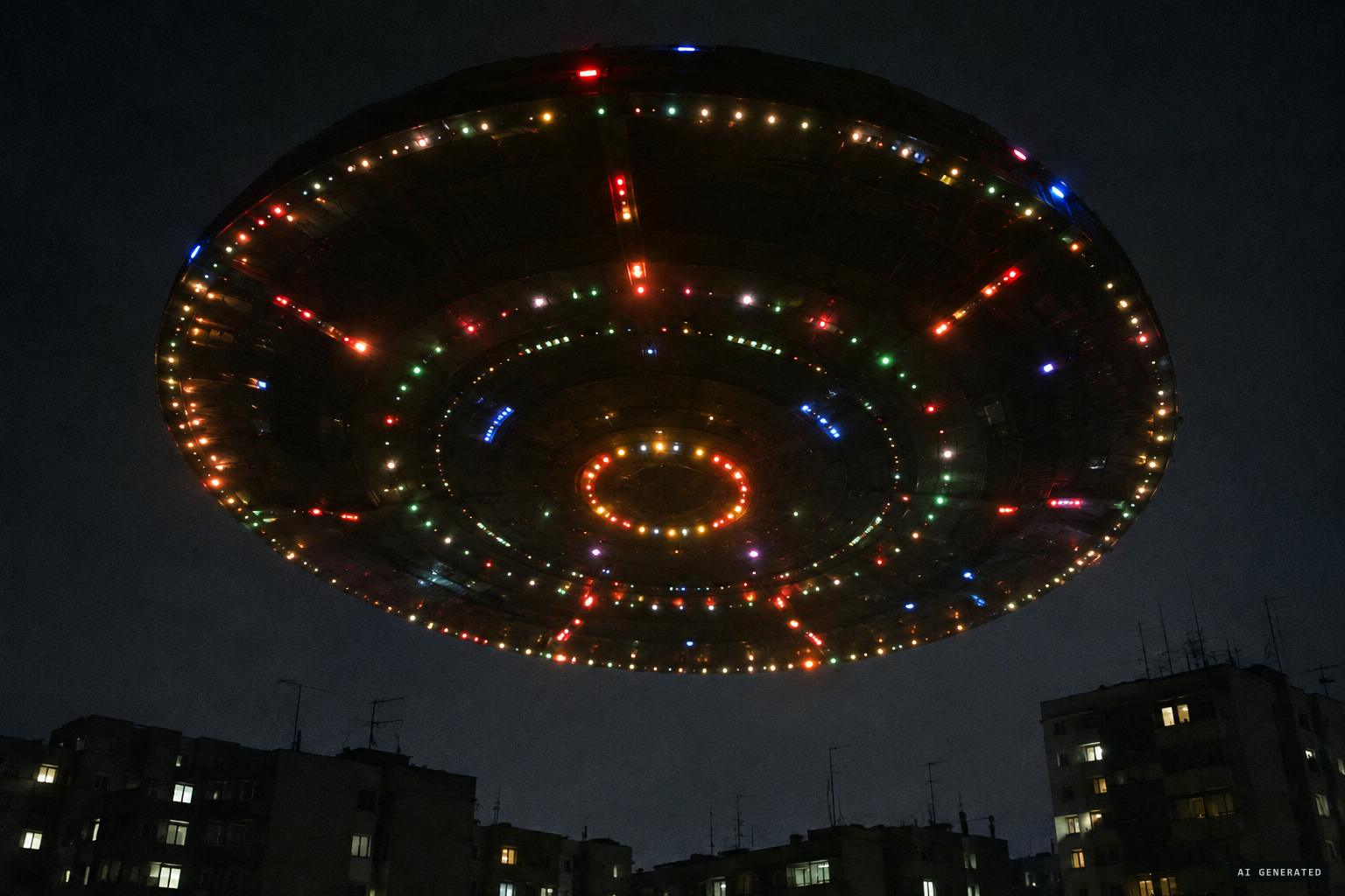 Its underside alive with rotating, flashing coloured lights