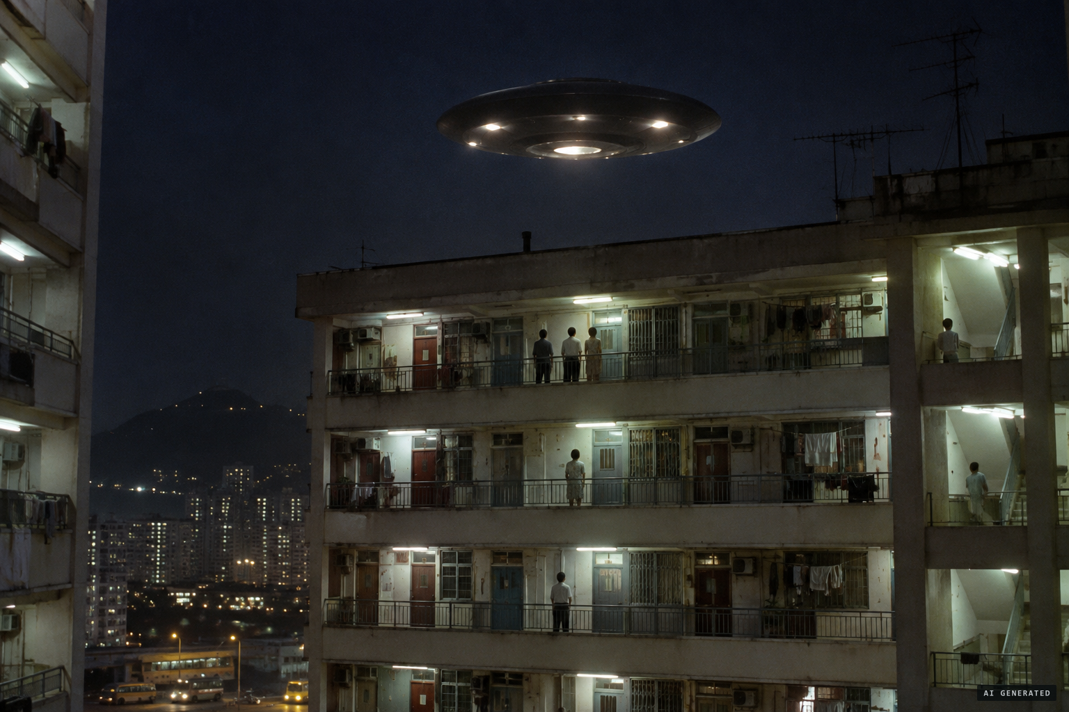 Silent, it hovers above Wah Tai House for several minutes