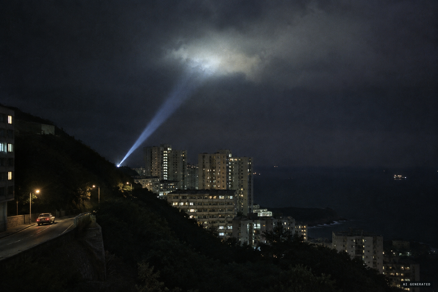 One explanation: an optical effect such as a searchlight on clouds