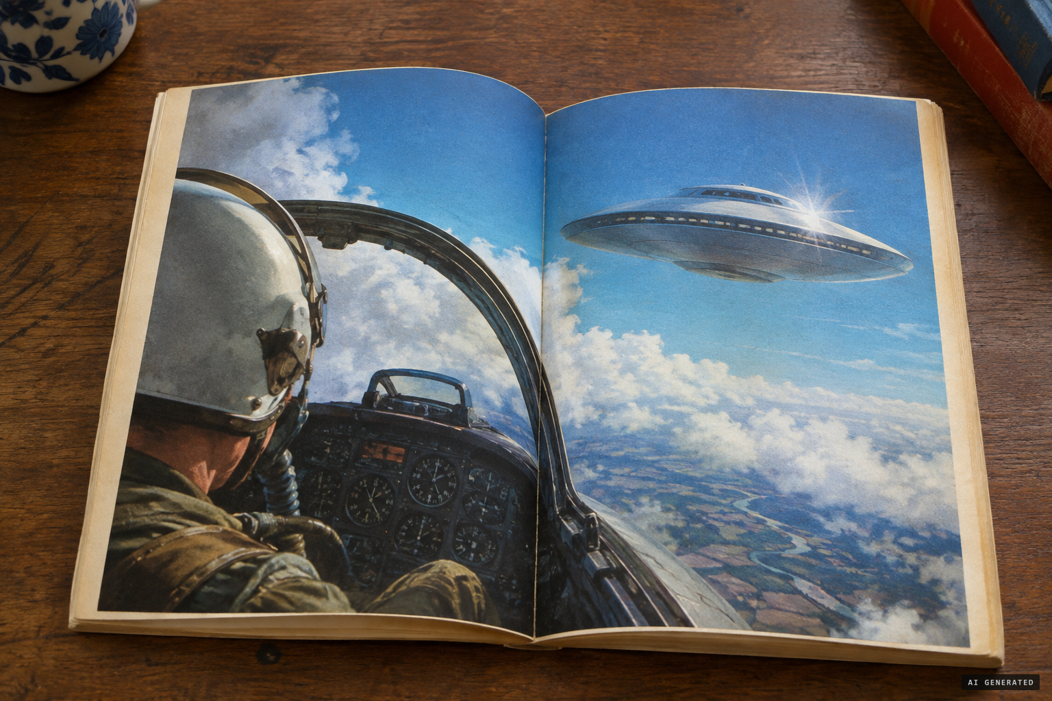 Later books add a gleaming disc coming at the pilot