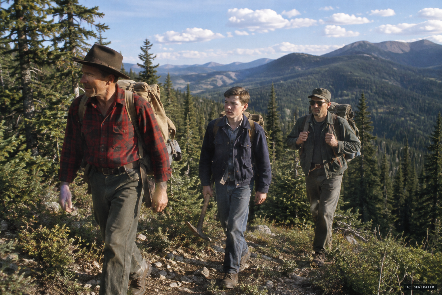 Warren Smith and two companions returning from a prospecting trip near Highwood Ranger Station