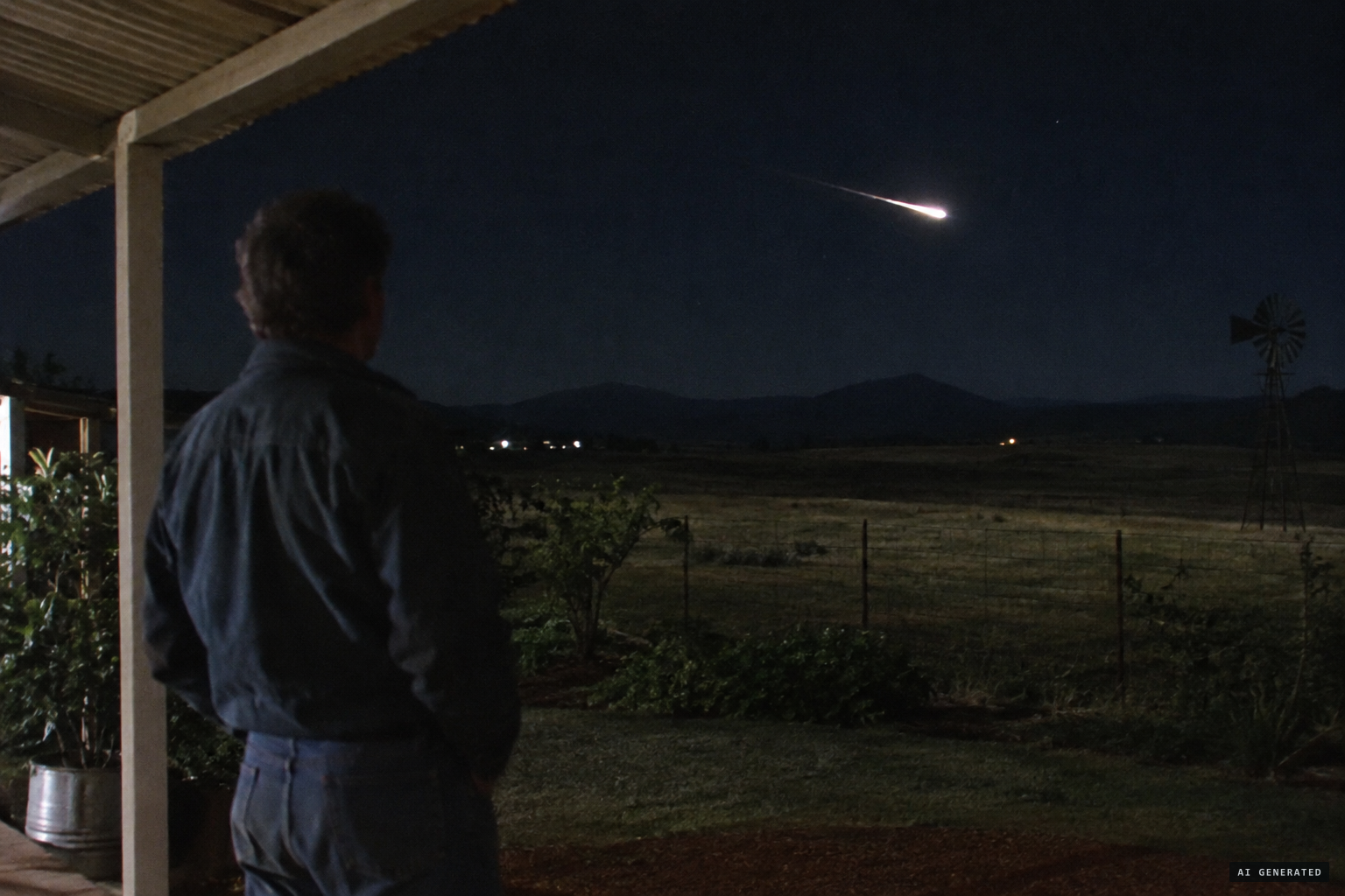 The farmer watches a noisy craft race across the night sky