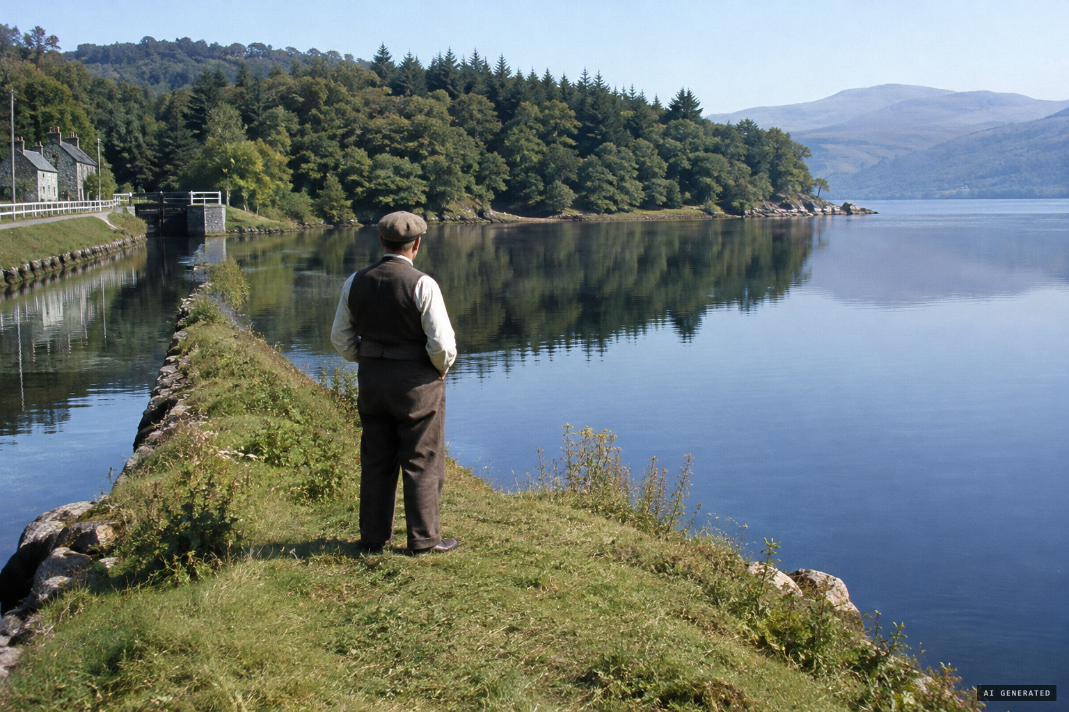 Campbell on the point, gazing toward Borlum Bay over dead calm water