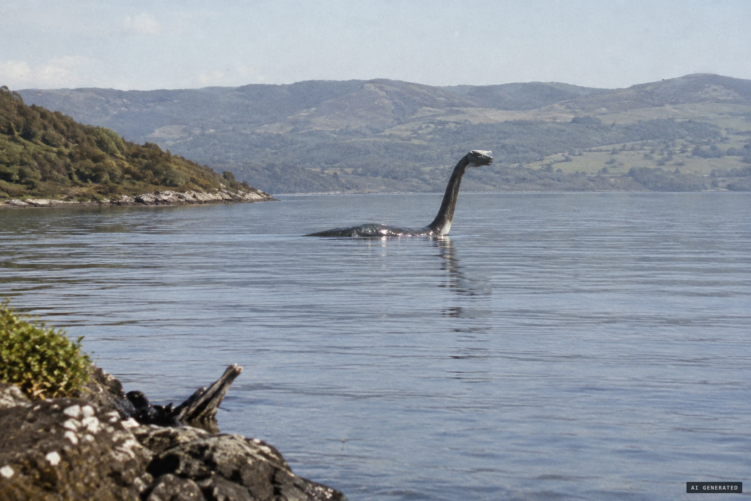 The creature raises its swan-like neck far out on the loch