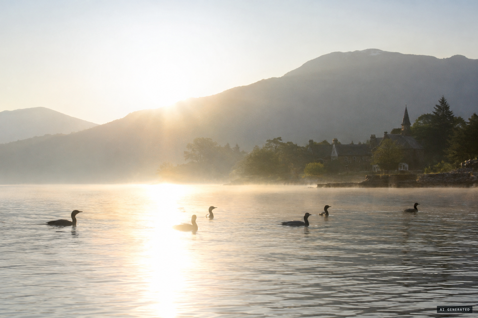 Cormorants in haze with the sun in his eyes, as the retraction described