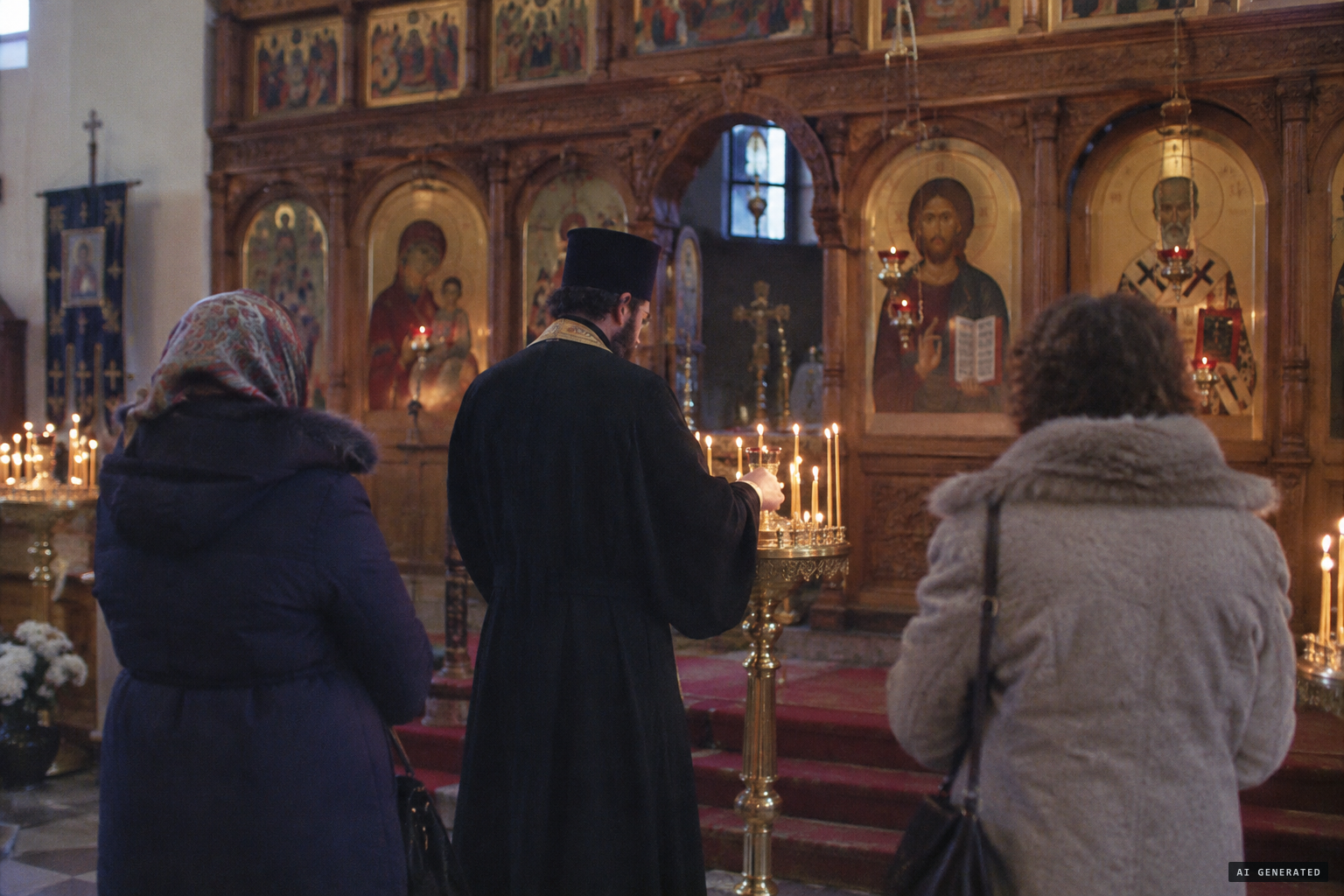 Fr. Philip Koufos lighting candles with two parishioners before the services