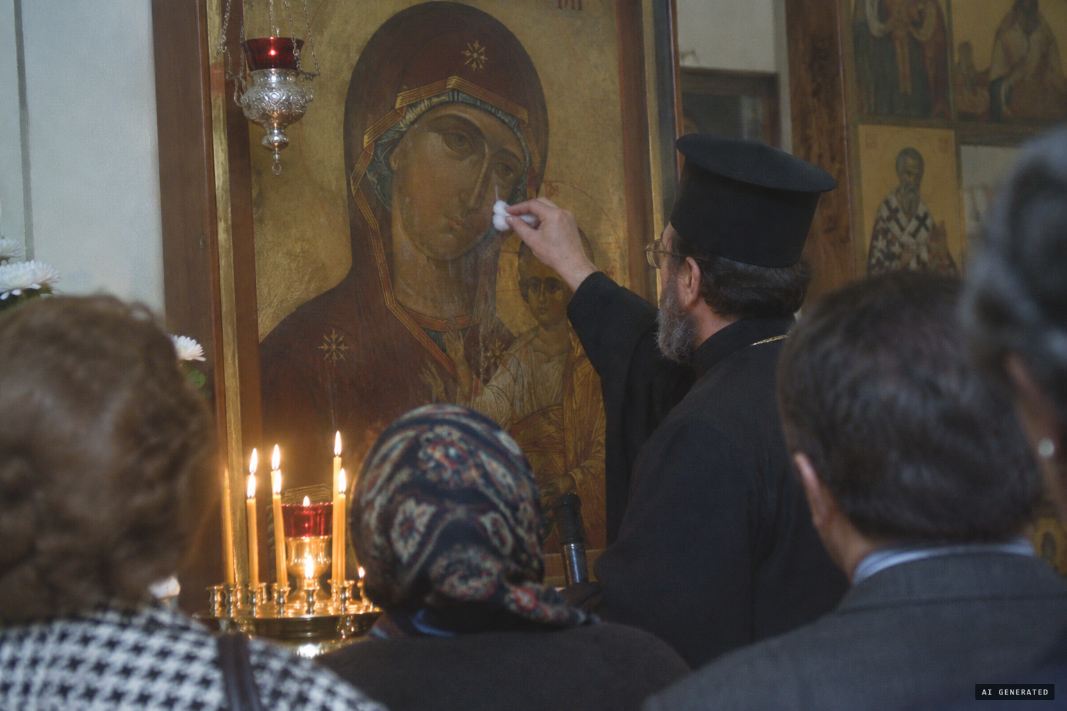 Fr. Chakos soaks cotton balls in the icon's tears for blessings