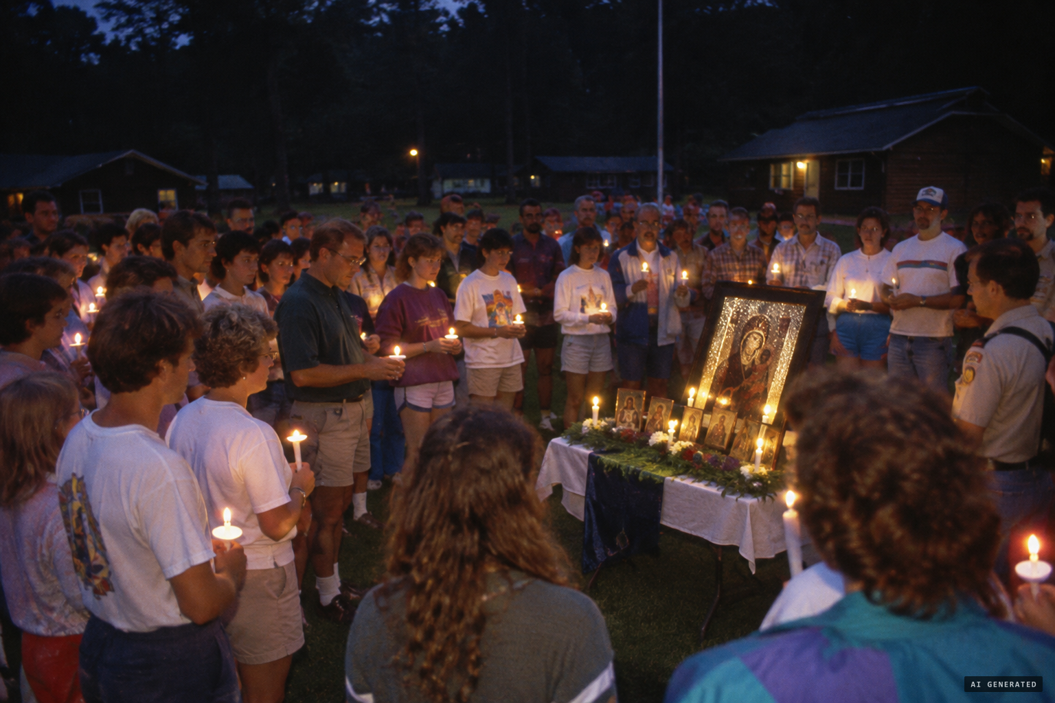 The weeping photo copy and campers' icons at the all-night vigil, Camp Nazareth