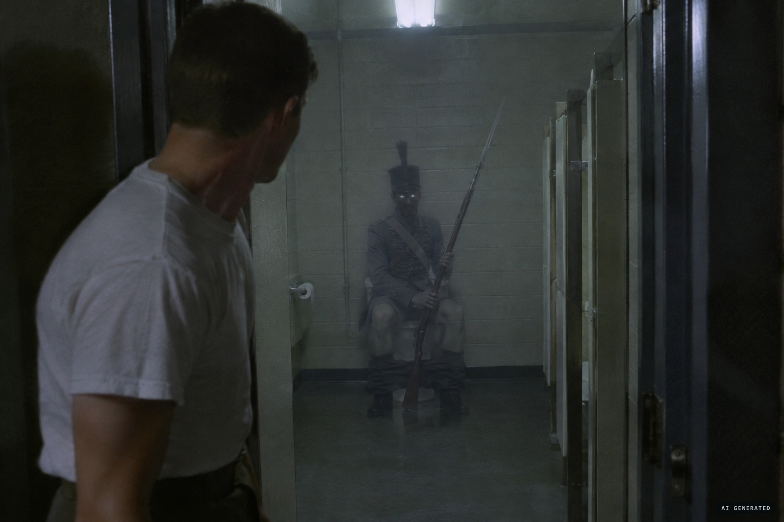 Victor sees a soldier with white eyes sitting in the latrine