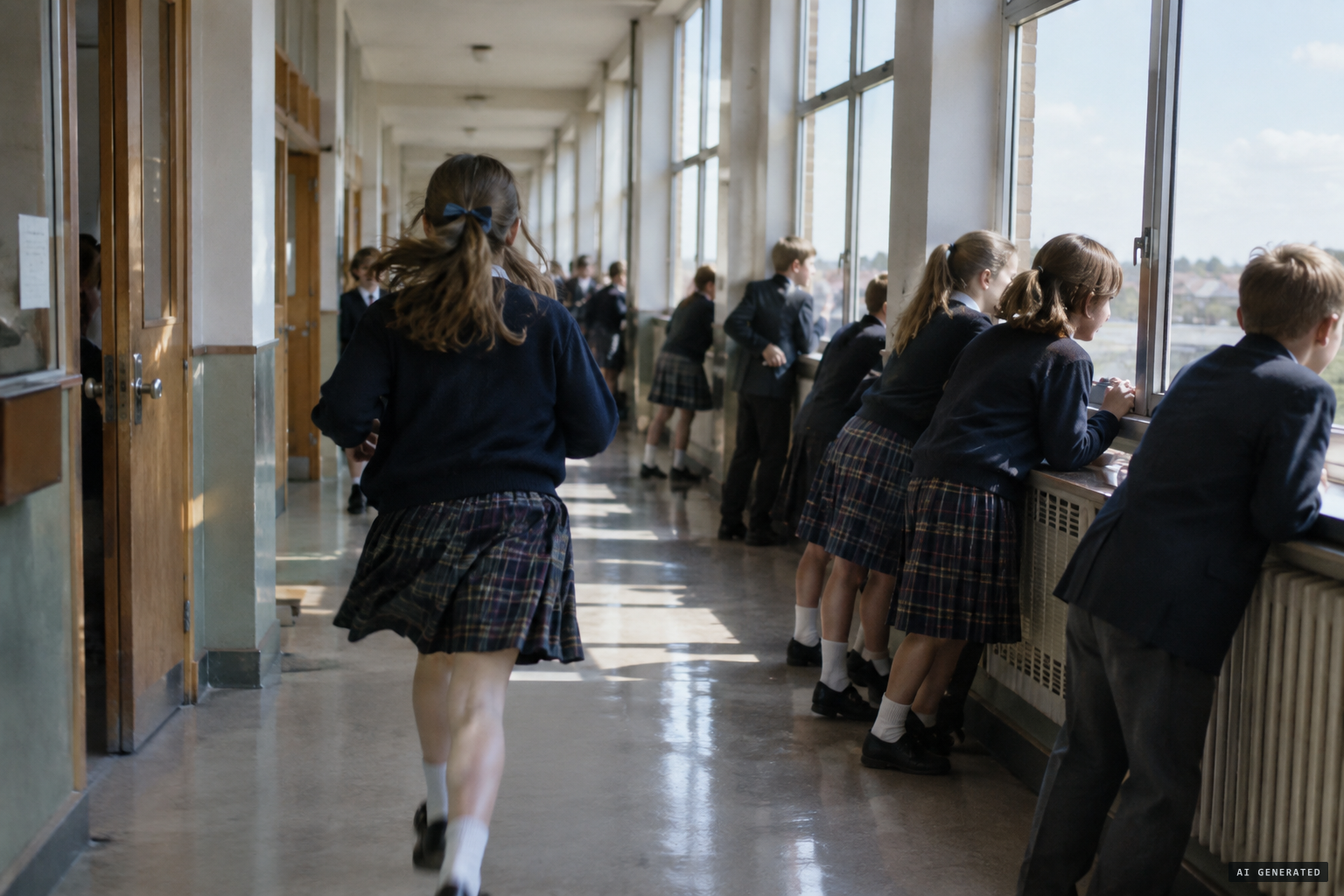Pupils rush down the corridor shouting "flying saucer"