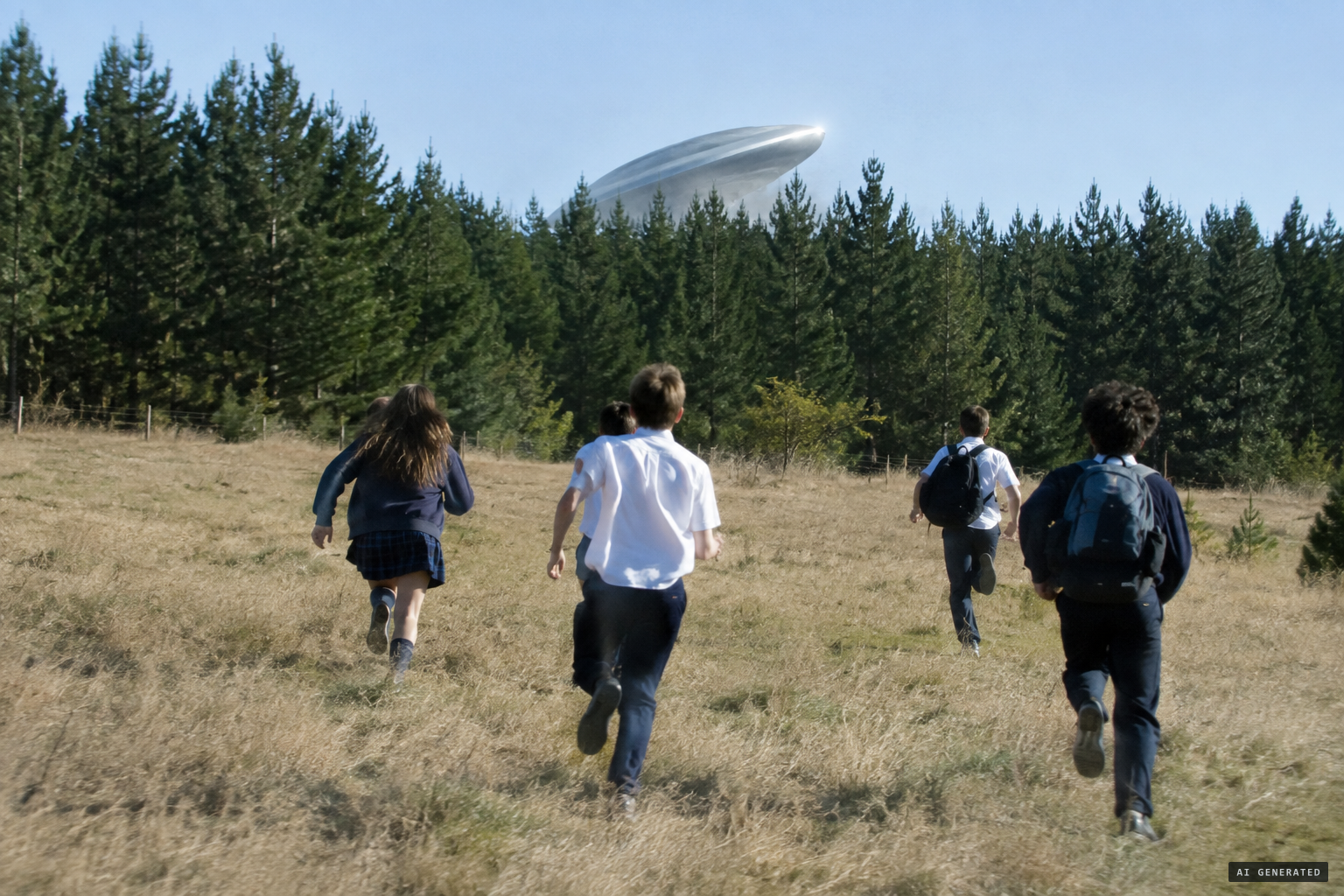 The object drops behind the pines and students run after it