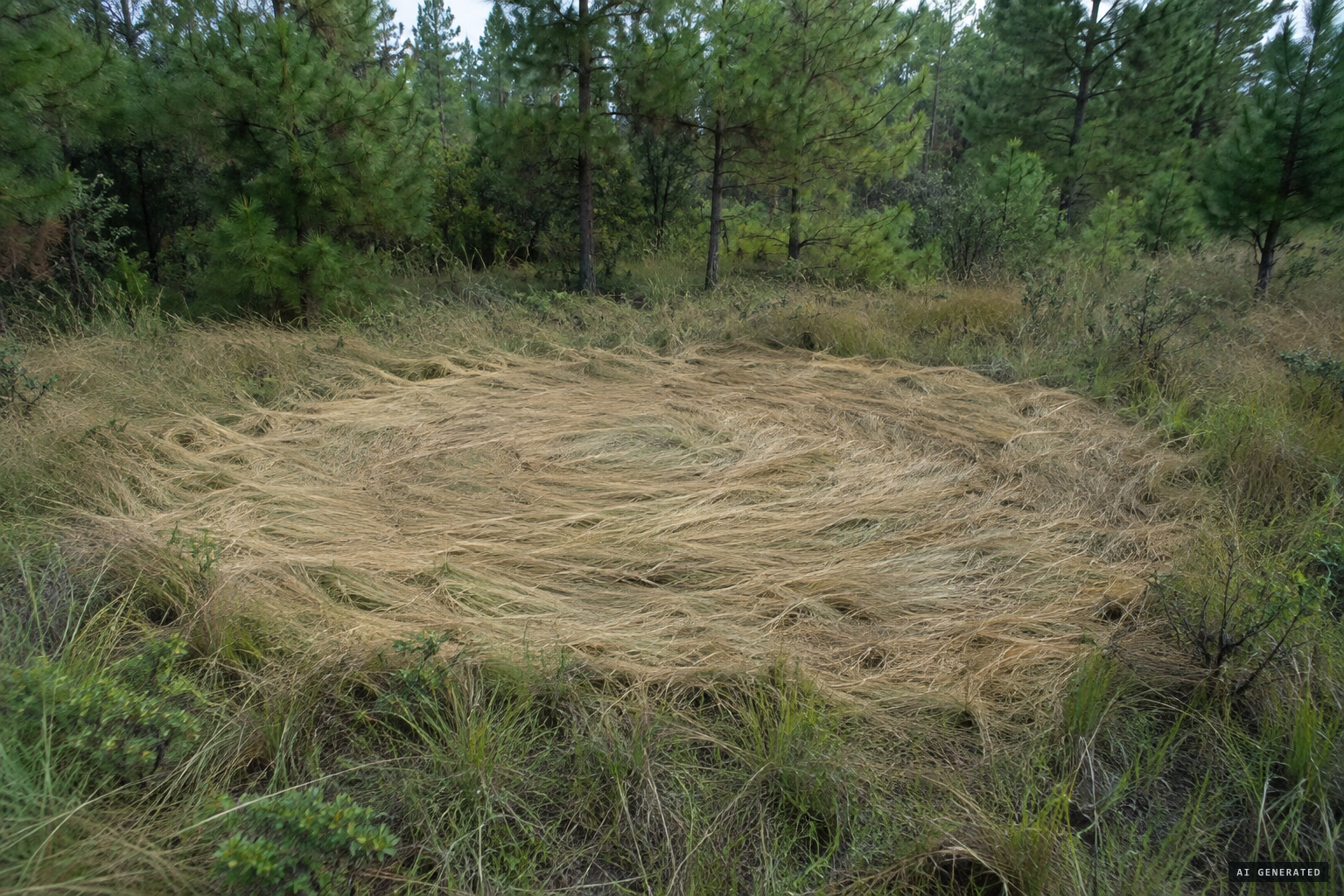 A swirly pattern of flattened yellowed grass