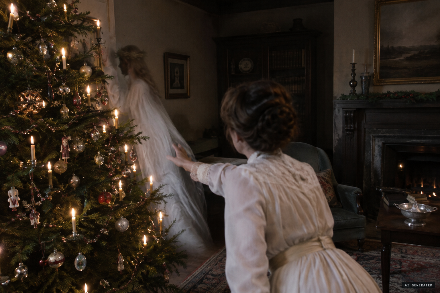 The white-robed figure walks through the Christmas tree and the wall