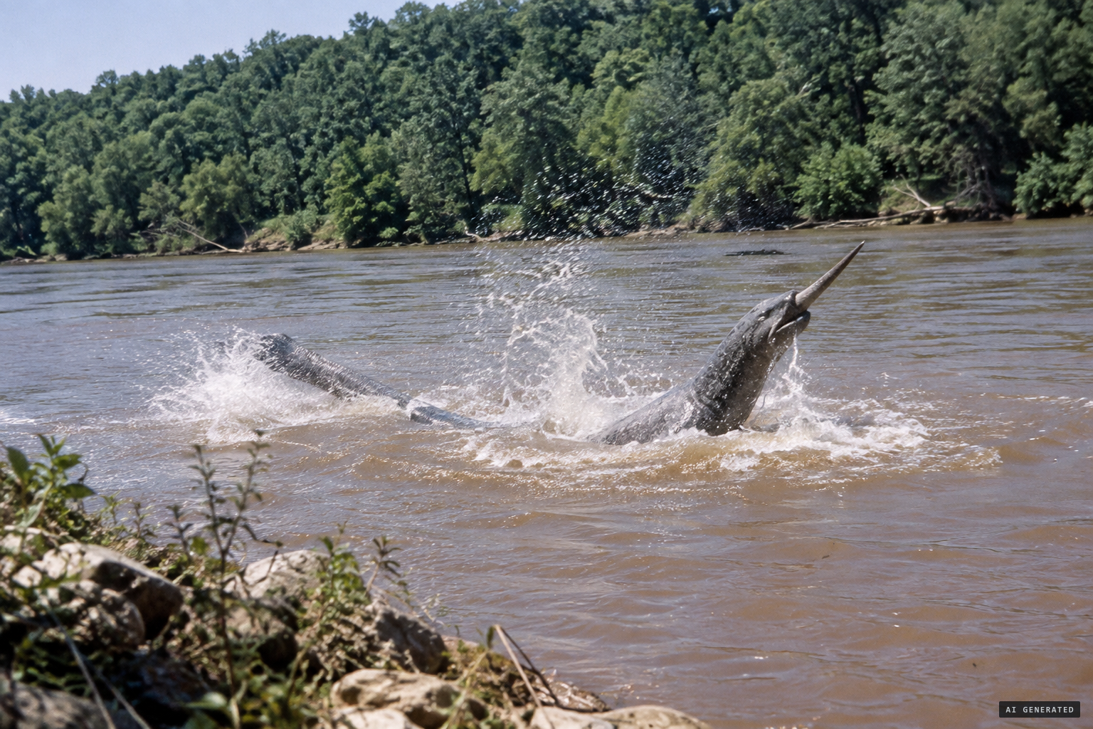 A thousand-pound gray creature with a pointed horn thrashes in the river