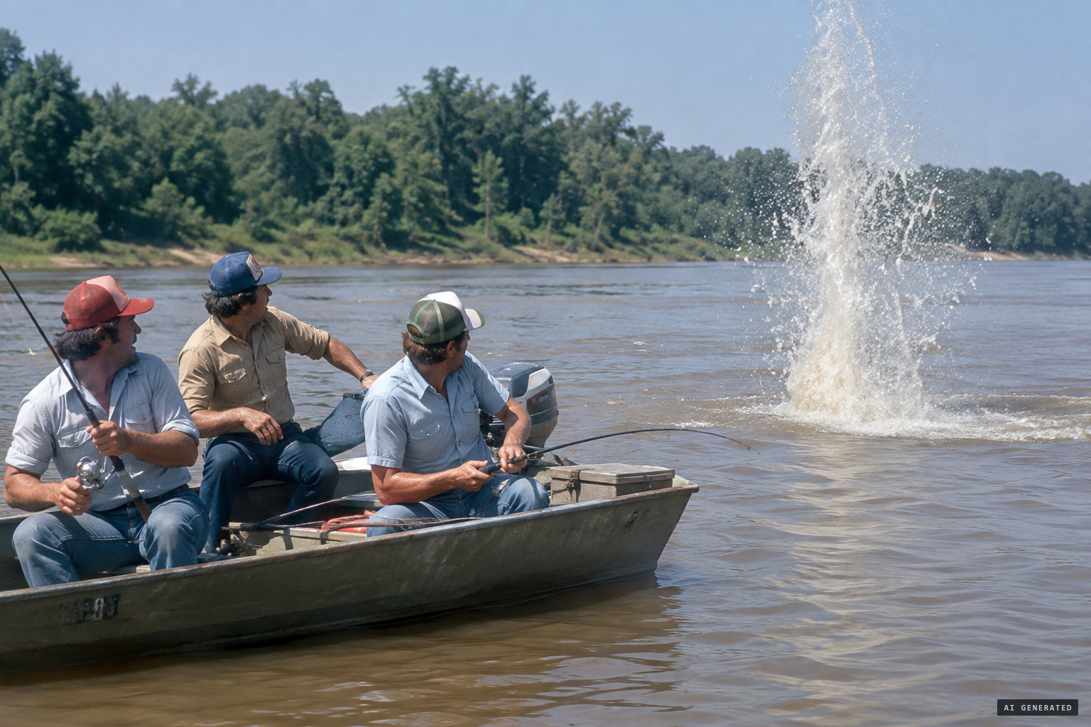 A column of water erupts beside Cloyce Warren's fishing boat