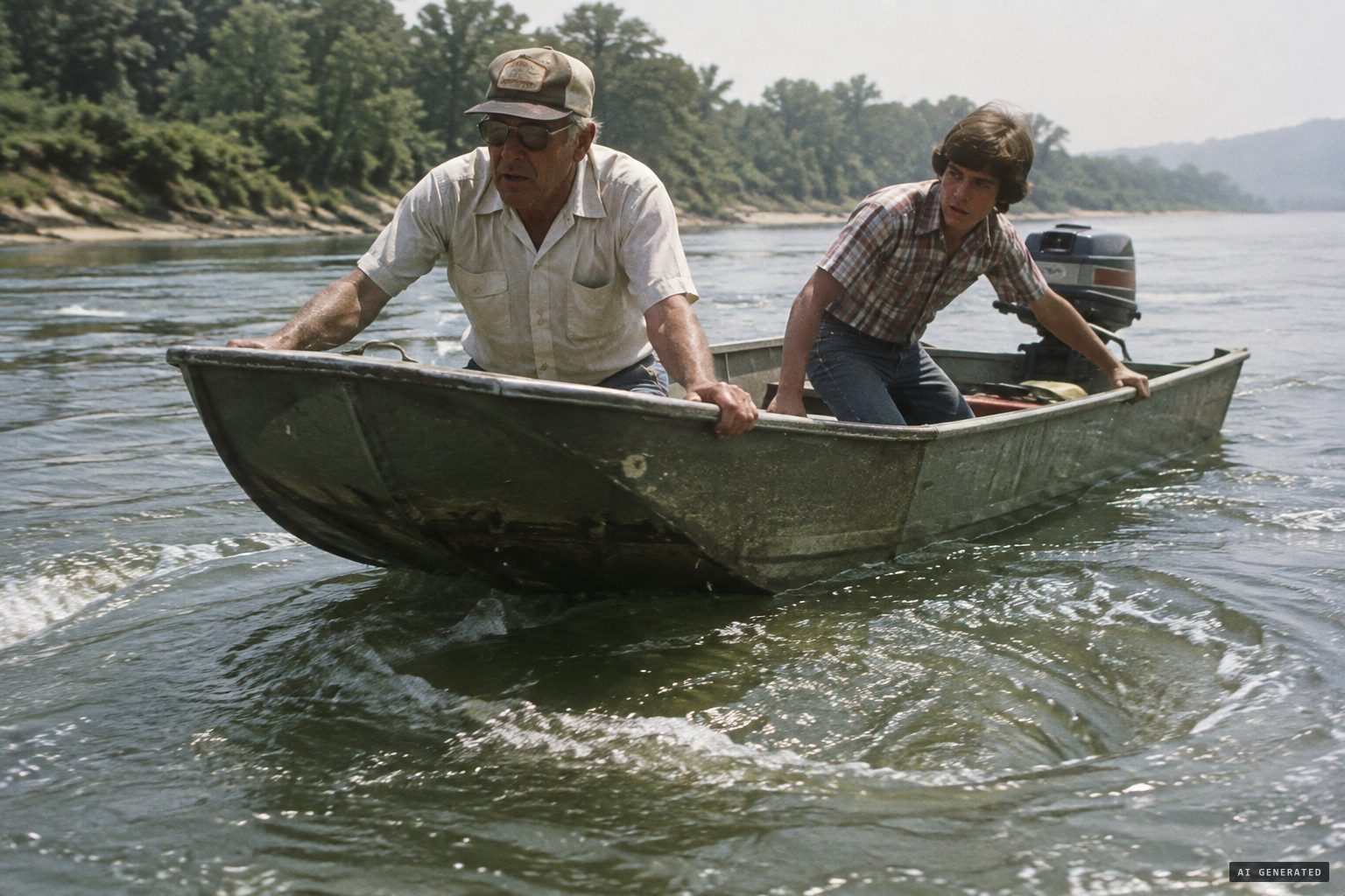 Something unseen rises beneath Ollie Ritcherson and Joey Dupree's boat