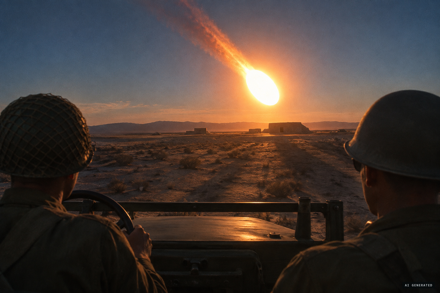 The egg-shaped object, bright as the sun, falls at an angle toward the bunker area.
