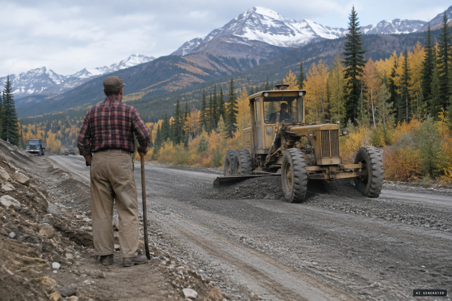 William Roe working on the highway near Tête Jaune Cache, October 1955