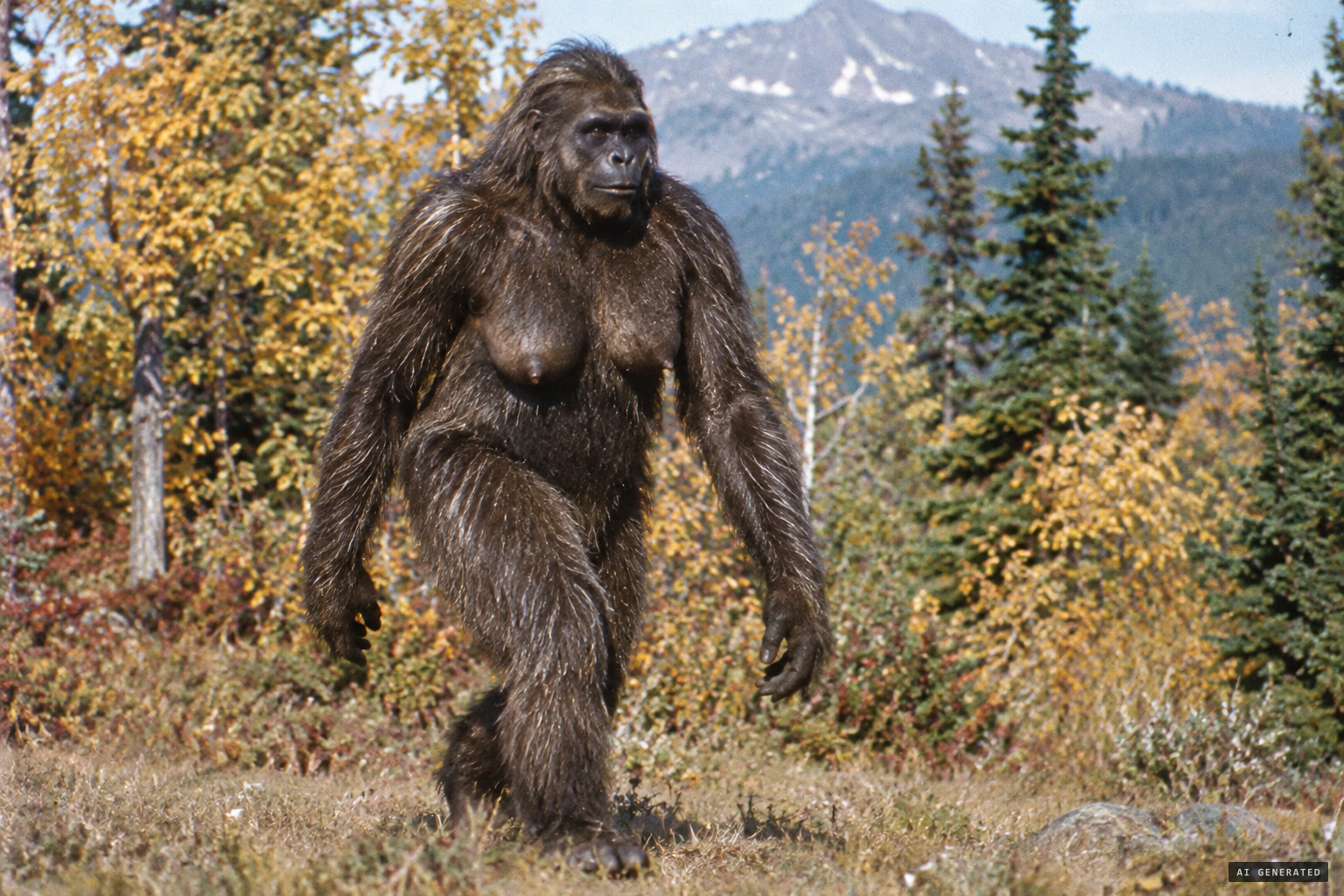 A huge, man-like female figure with silver-tipped dark brown hair, walking heel first