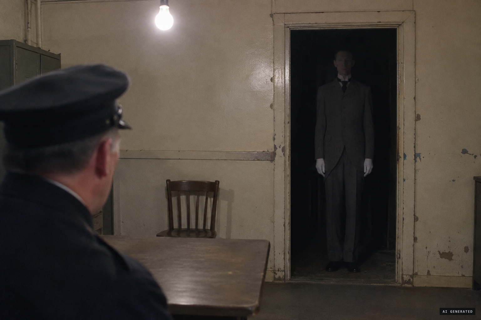 Hayden sees the tall man in a grey suit, funny old collar and white gloves.