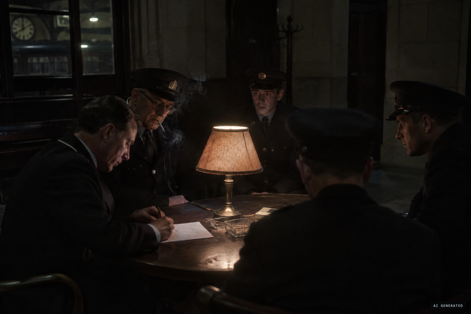 Foreman Eric Davey holds a séance in the ante-room, with a reluctant Locker present.