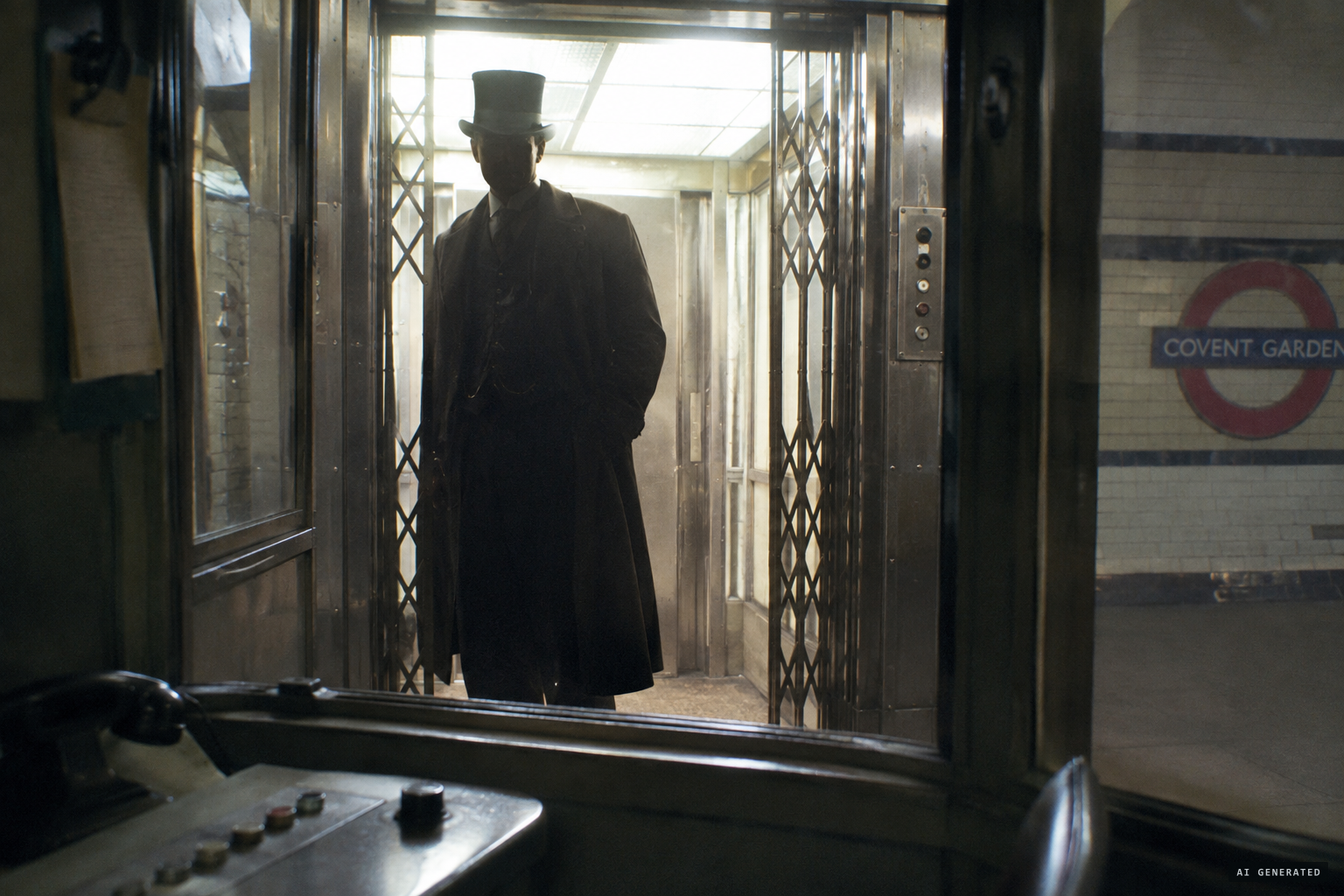 Lift operator Christopher Clifford sees "this big geezer" in an Edwardian frock coat.